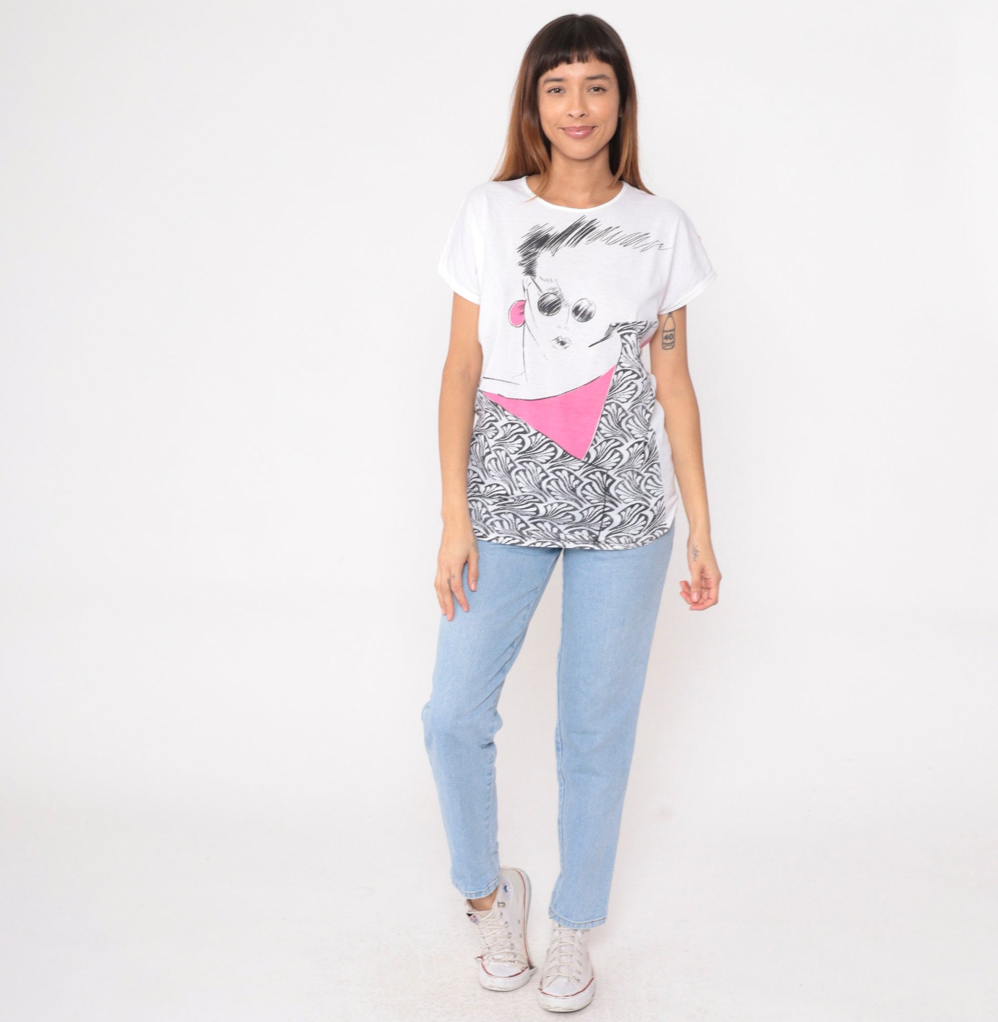 90s Woman Art Print Graphic Tee White Cotton Blend Small