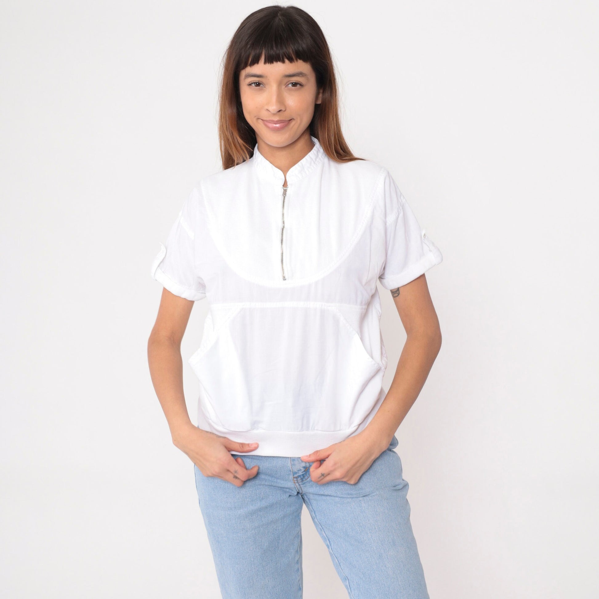 90s Radius Quarter Zip White Cotton Shirt Kangaroo Pocket Small S