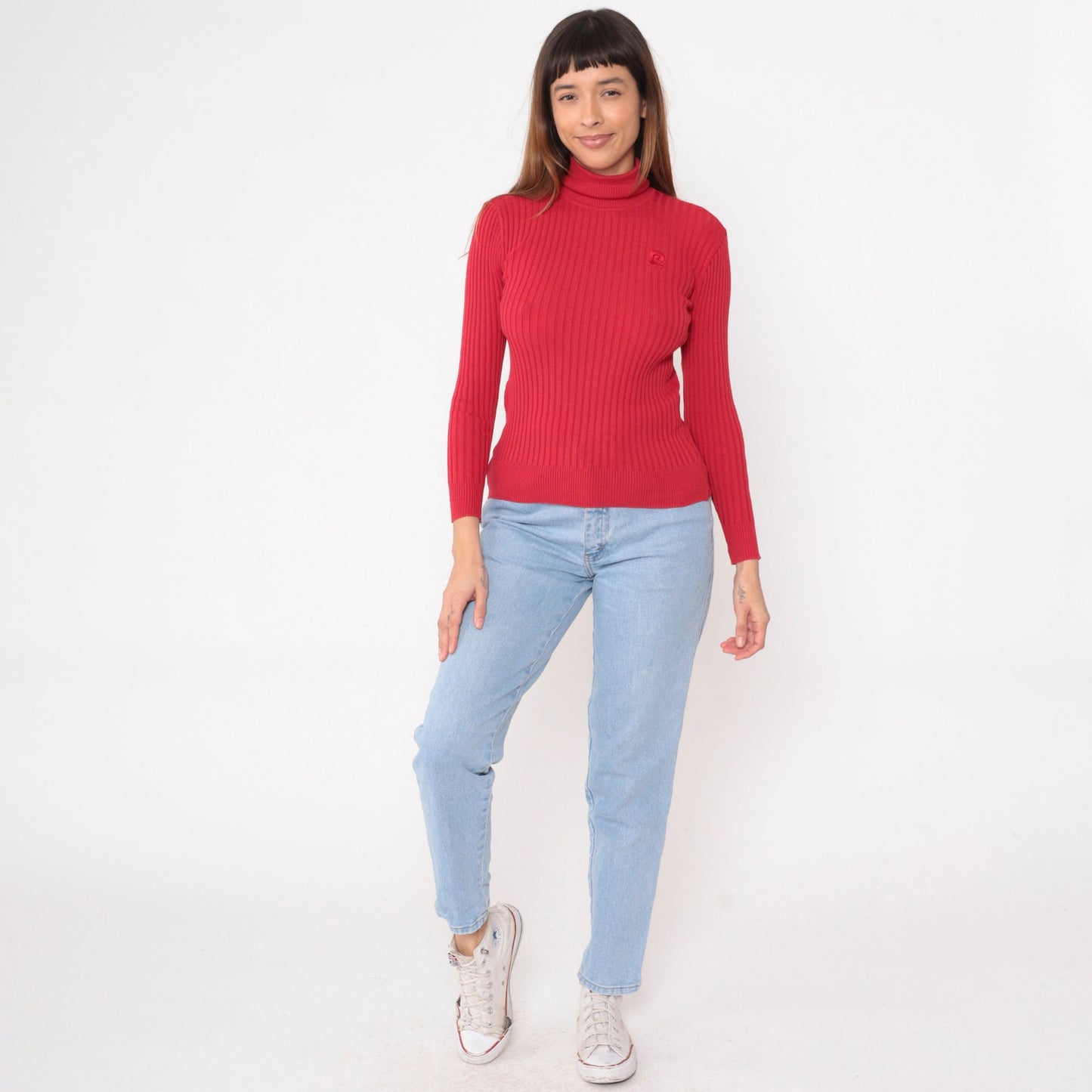 80s Pierre Cardin Red Turtleneck Sweater Ribbed Knit Pullover Small S