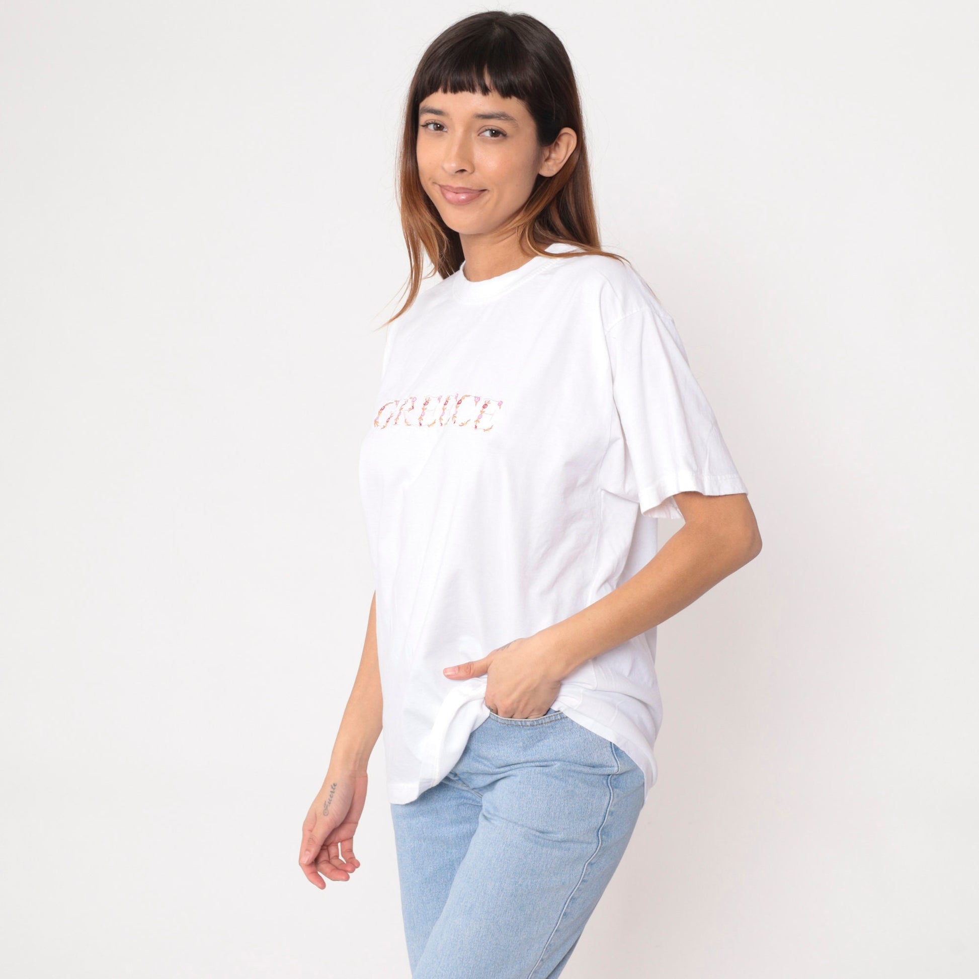 90s Greece Floral Embroidered White Cotton T-Shirt Graphic Tee Large L