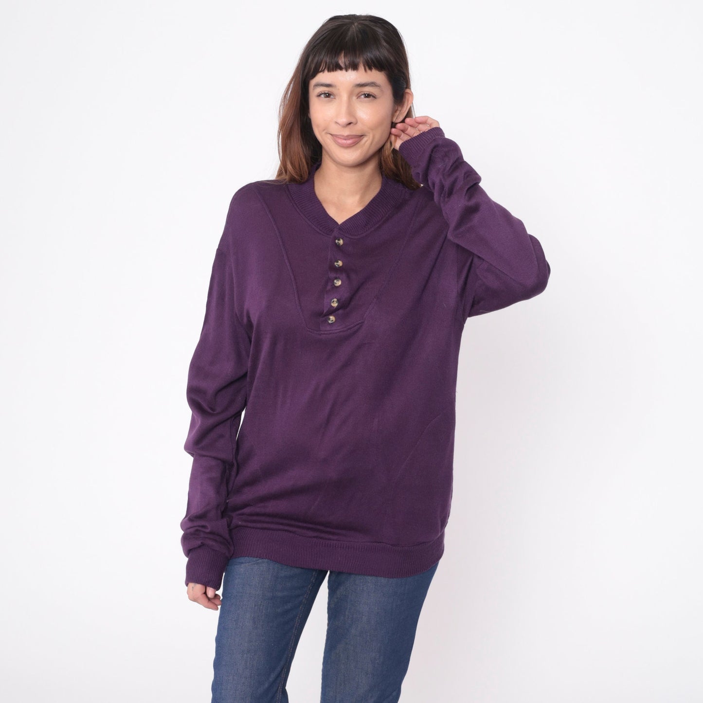 90s Purple Henley Sweater Acrylic Knit Pullover Men's Medium
