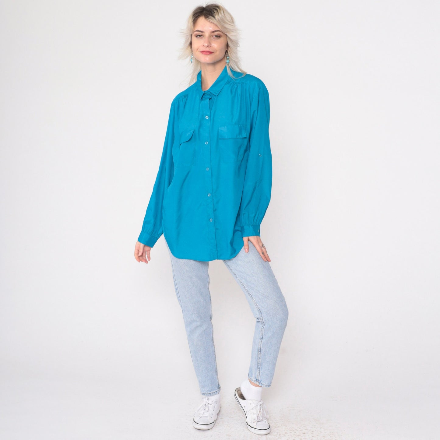 90s Turquoise Button-Up Blouse Gathered Shoulders Roll Tab Sleeves Large