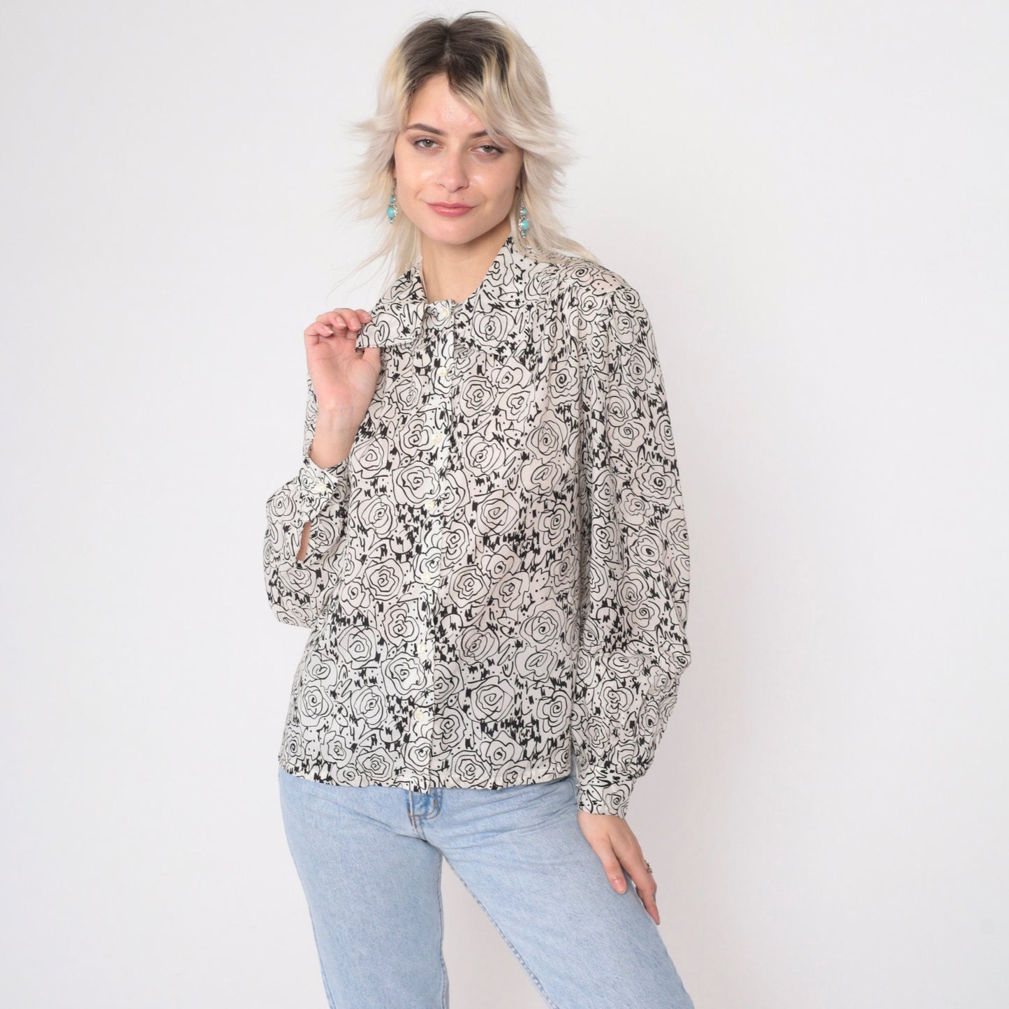 80s Abstract Floral Sketch Blouse Black White Puff Sleeve Button Up Medium