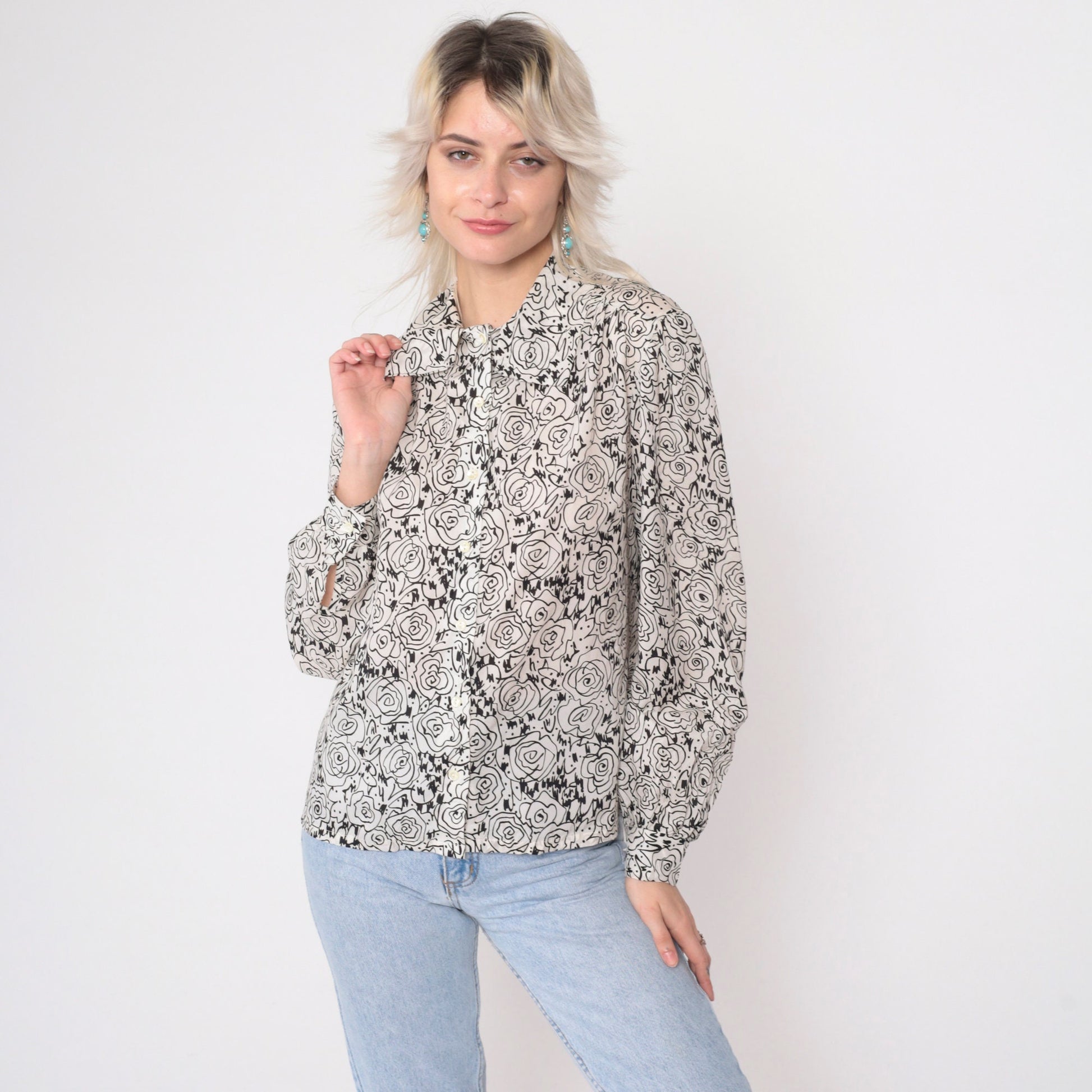 80s Abstract Floral Sketch Blouse Black White Puff Sleeve Button Up Medium