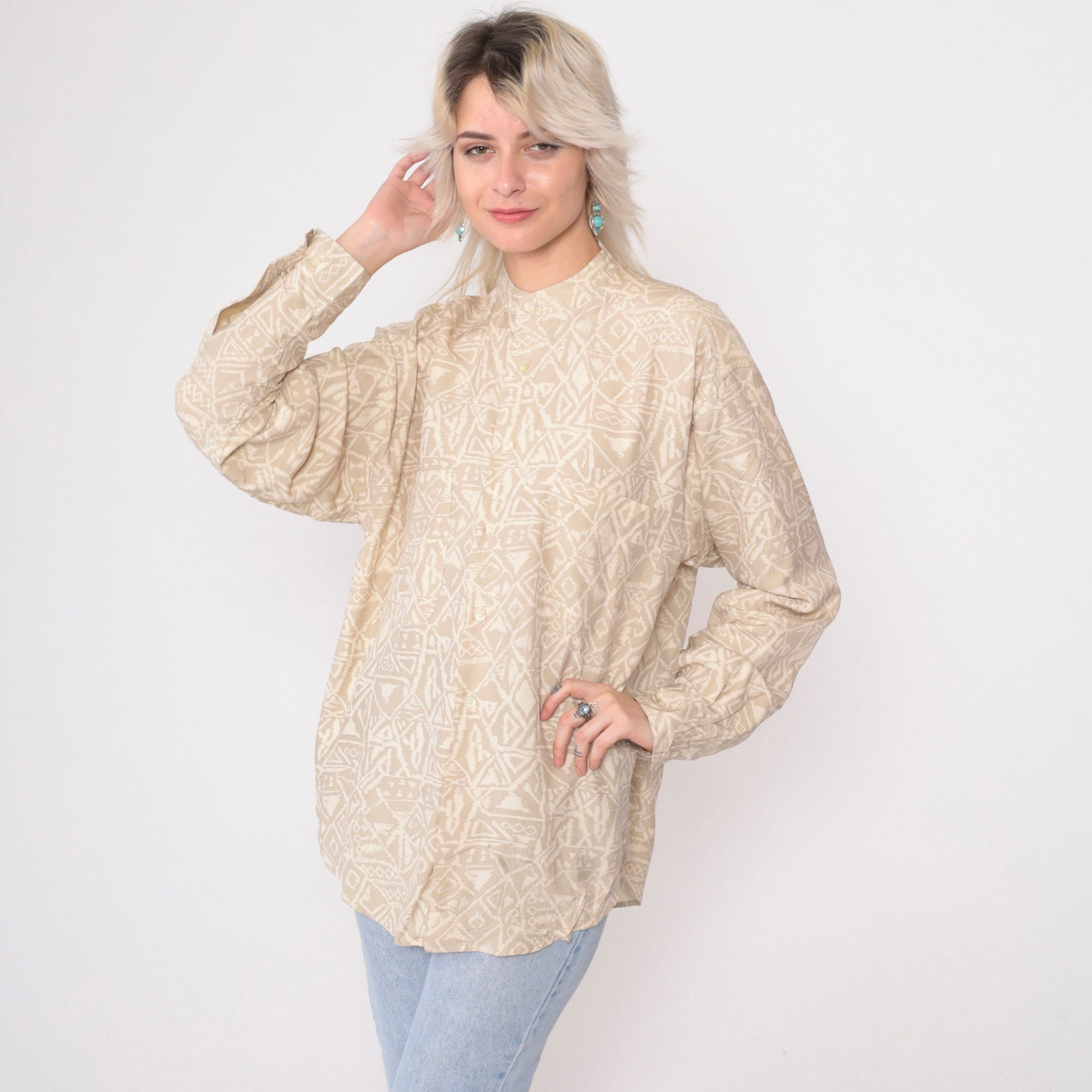 90s Generra Silk Geometric Button Up Shirt Beige Stand Collar Small