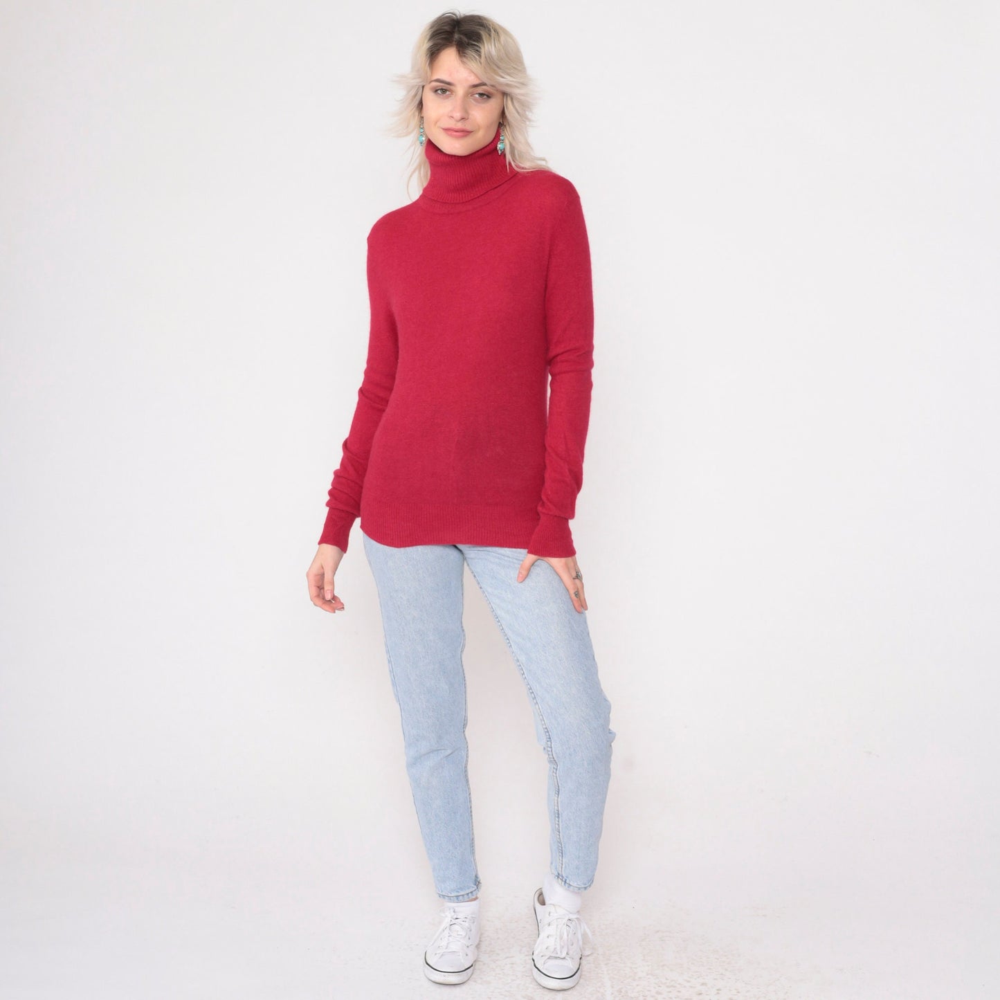 90s Vogue Angora Wool Turtleneck Sweater Cherry Red Knit Pullover Extra Small