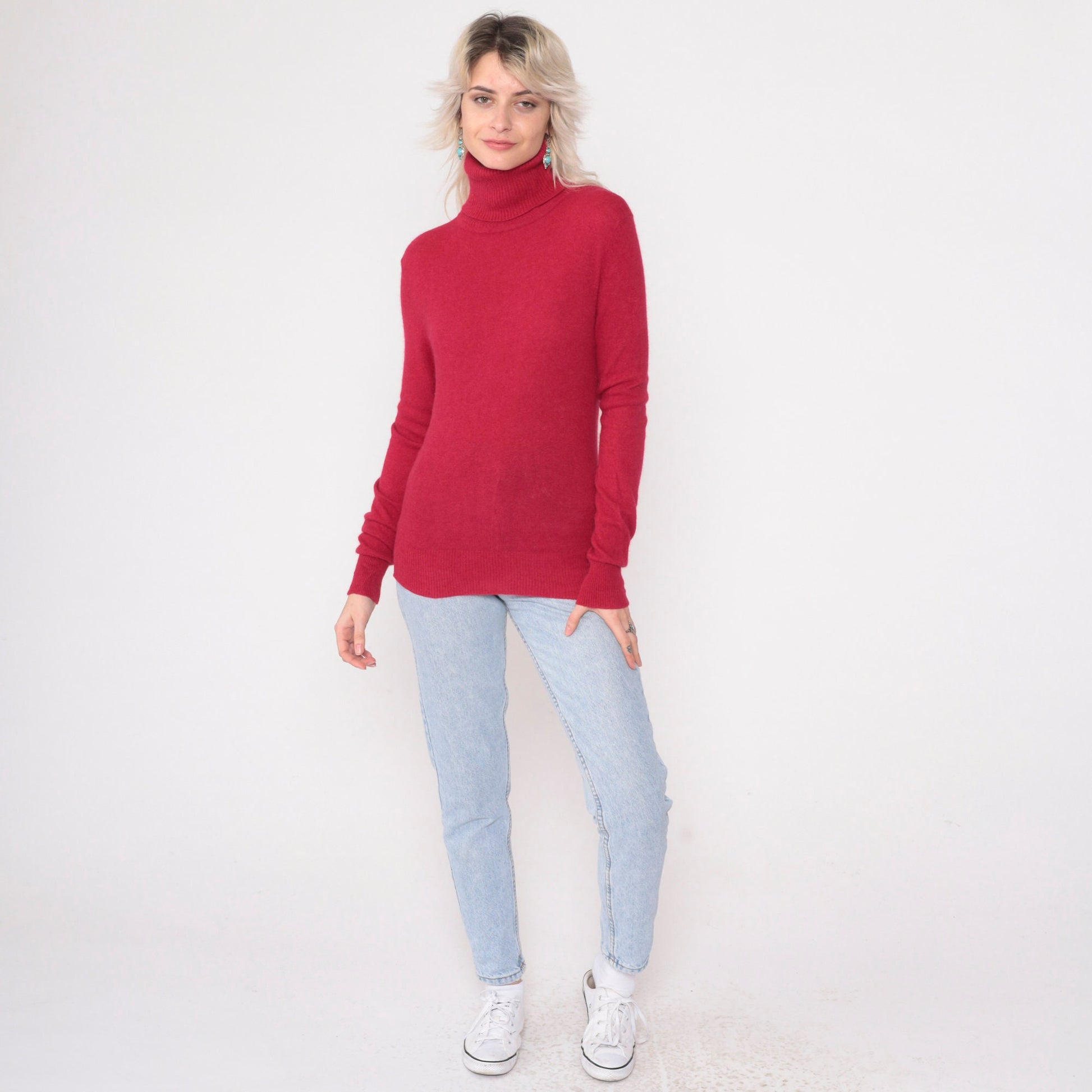 90s Vogue Angora Wool Turtleneck Sweater Cherry Red Knit Pullover Extra Small