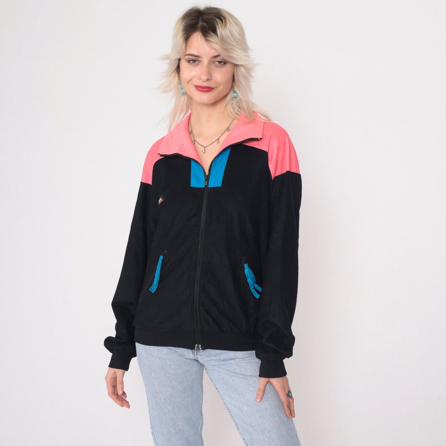 90s Columbia Black Windbreaker Jacket Hot Pink Blue Color Block Small