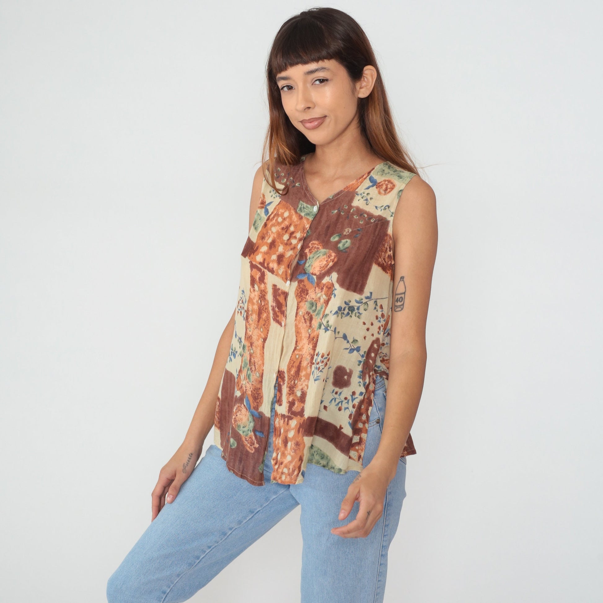 90s Patchwork Floral Button-Up Tank Top Brown Orange Green Small S