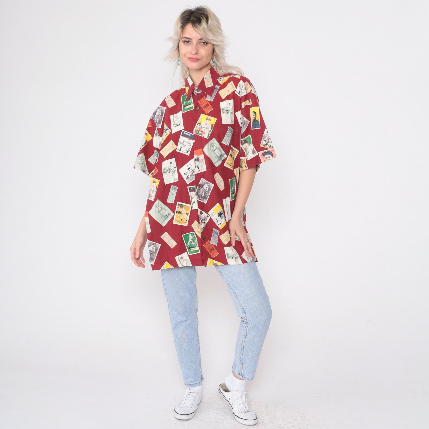 90s Baseball Card Print Button-Up Shirt Red Cotton Large
