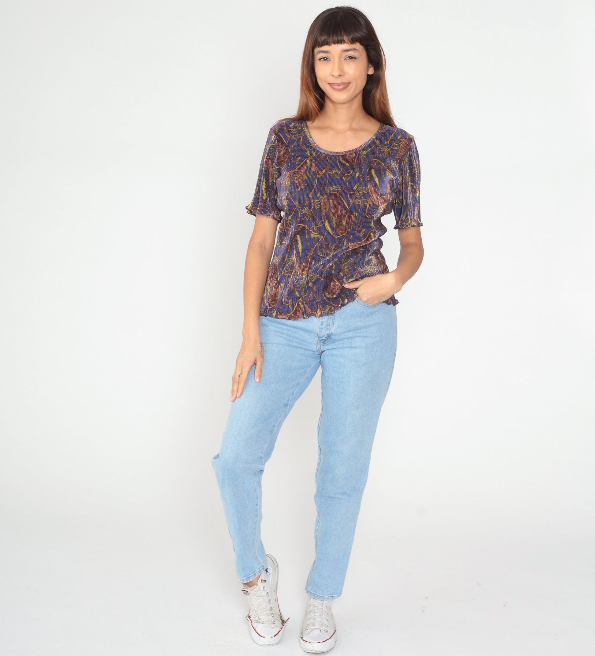 90s Baroque Abstract Print Pleated Blouse Short Sleeve Purple Small Medium