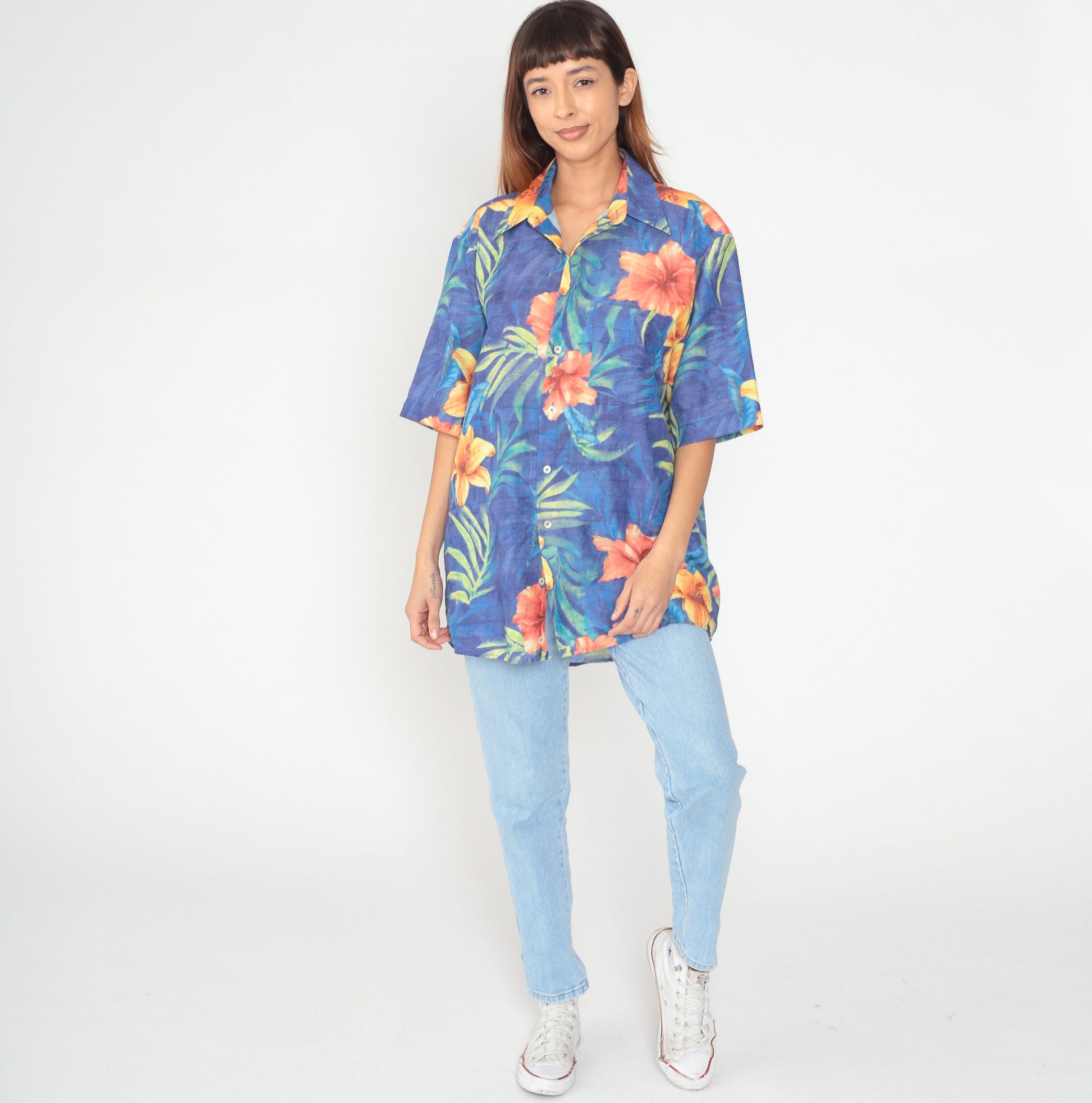 90s Georg Roth Hawaiian Shirt Blue Tropical Floral Button Up Extra Large