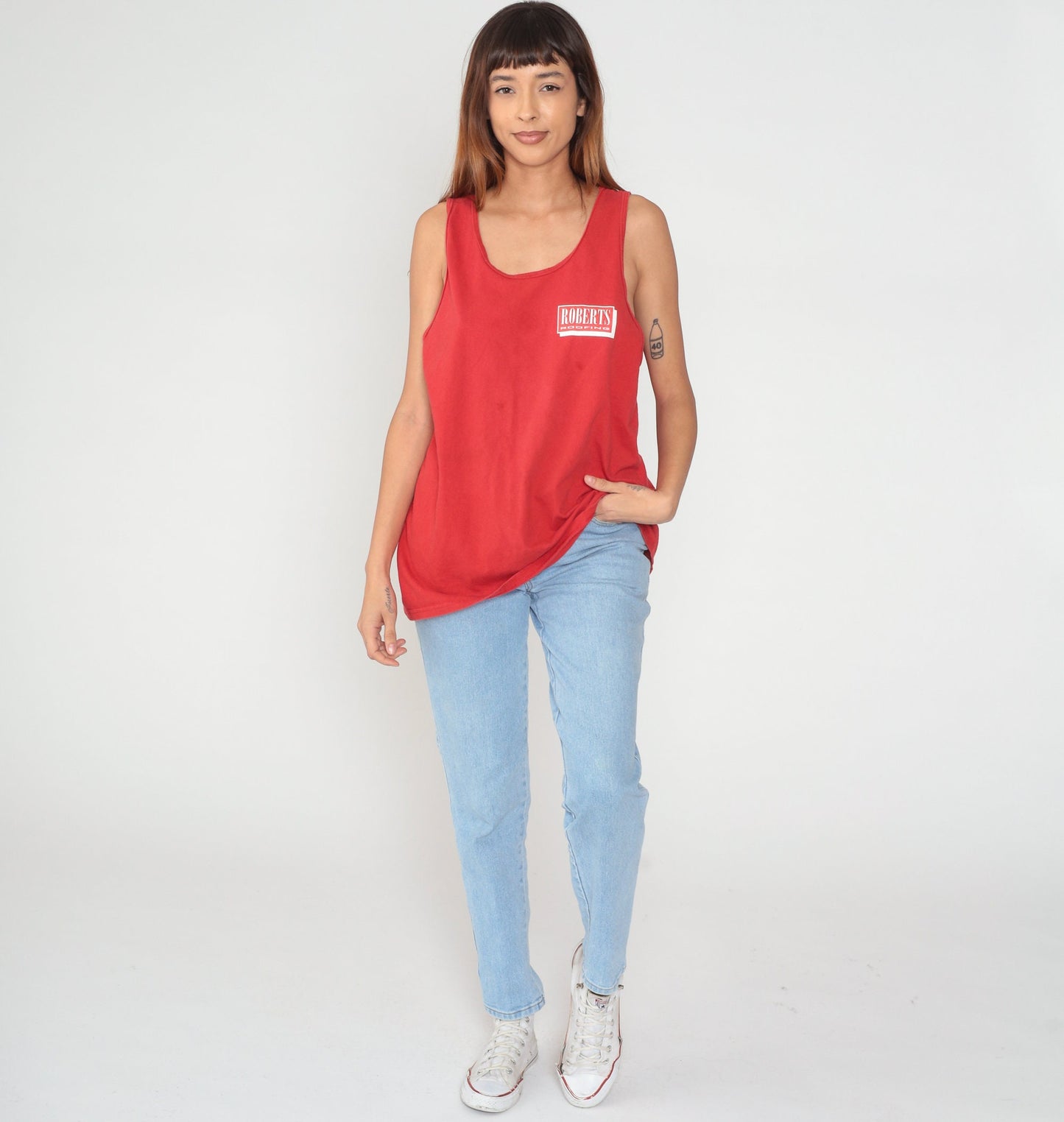 Y2K Robert's Roofing Graphic Tank Top Red Cotton Racerback Extra Large XXL