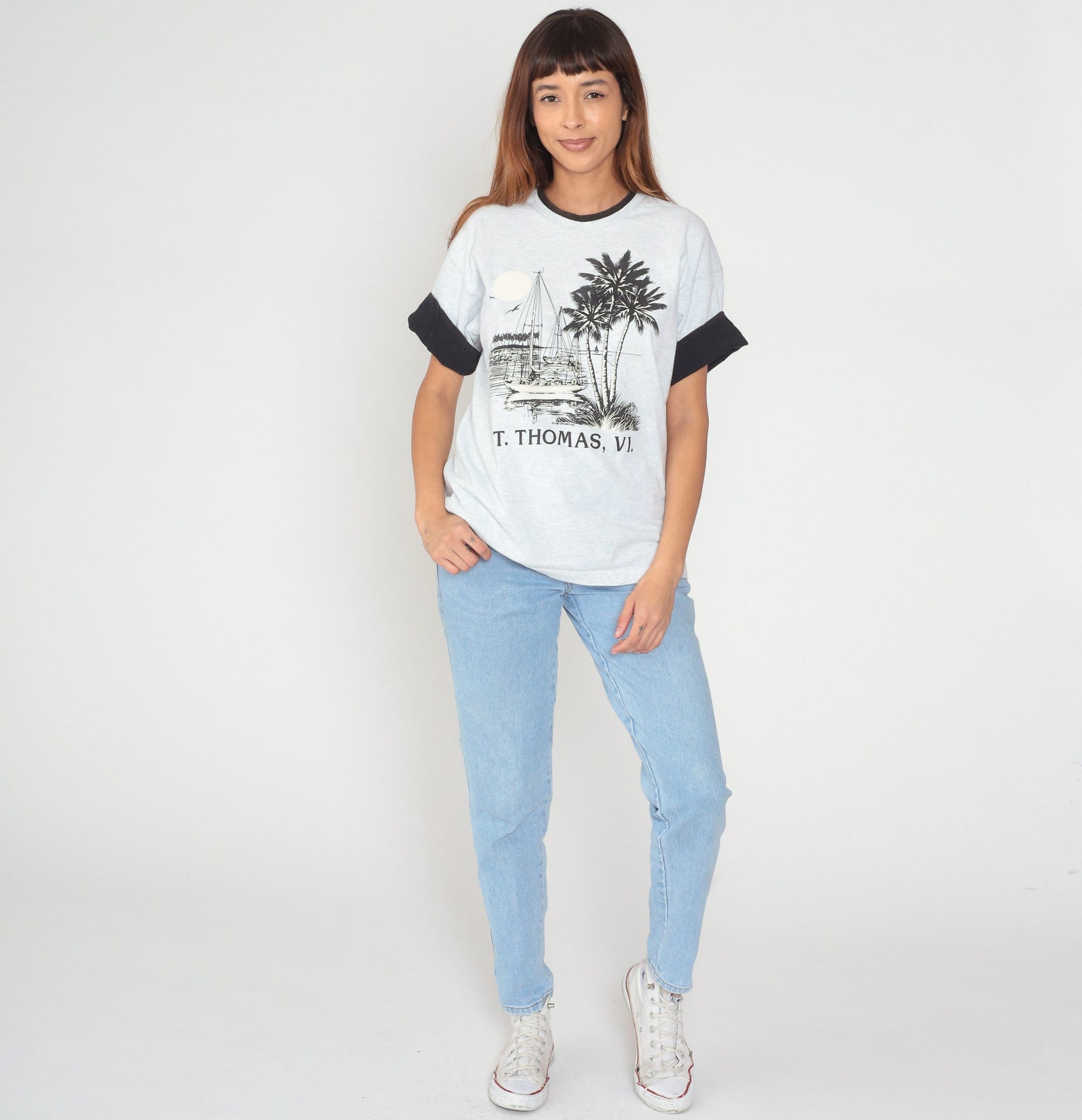90s St Thomas Virgin Islands Sailboat Graphic Tee Heather Grey Large