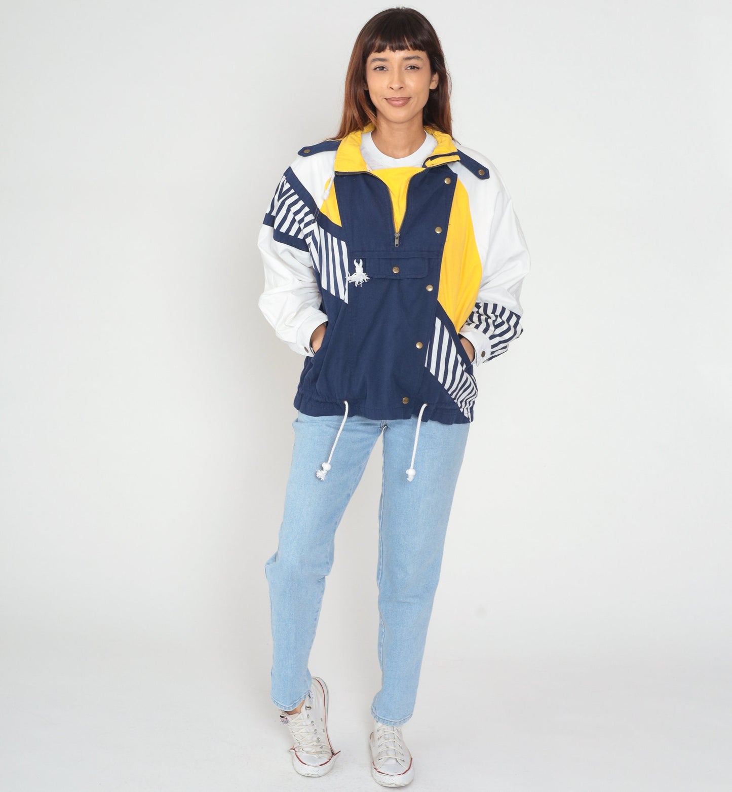 90s Hunt Club Windbreaker Jacket Quarter Zip Hooded Colorblock White Navy Yellow Medium