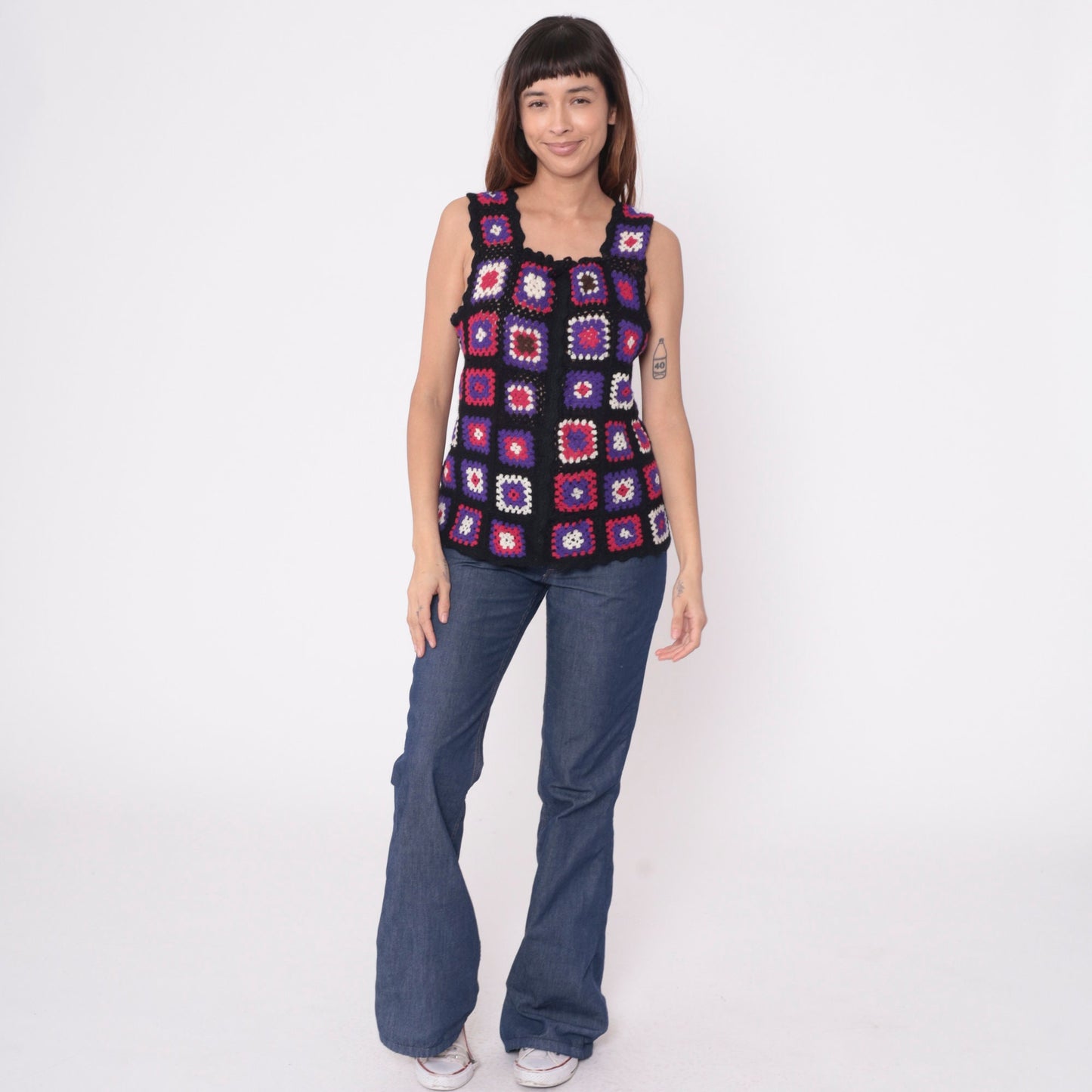 70s Crochet Granny Square Tank Top Patchwork Vest Black Pink Purple Small