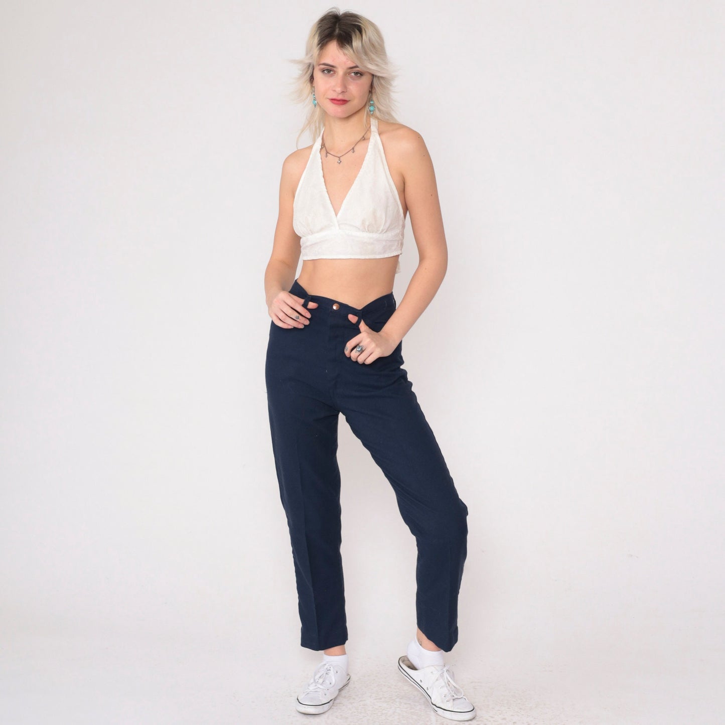 70s Navy High-Rise Straight Leg Trousers Creased Vintage Extra Small