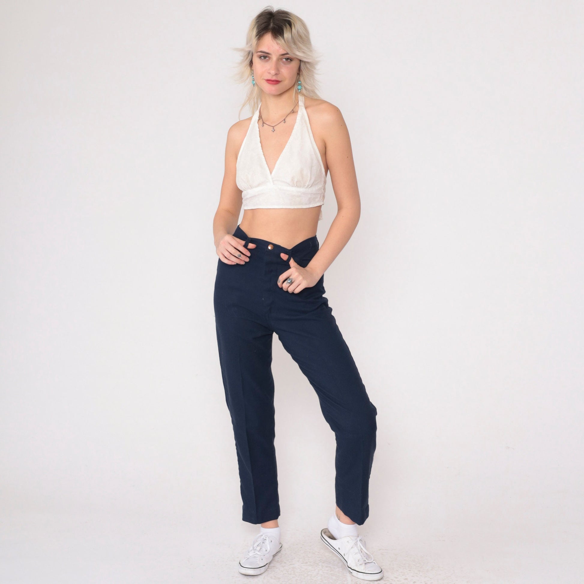 70s Navy High-Rise Straight Leg Trousers Creased Vintage Extra Small
