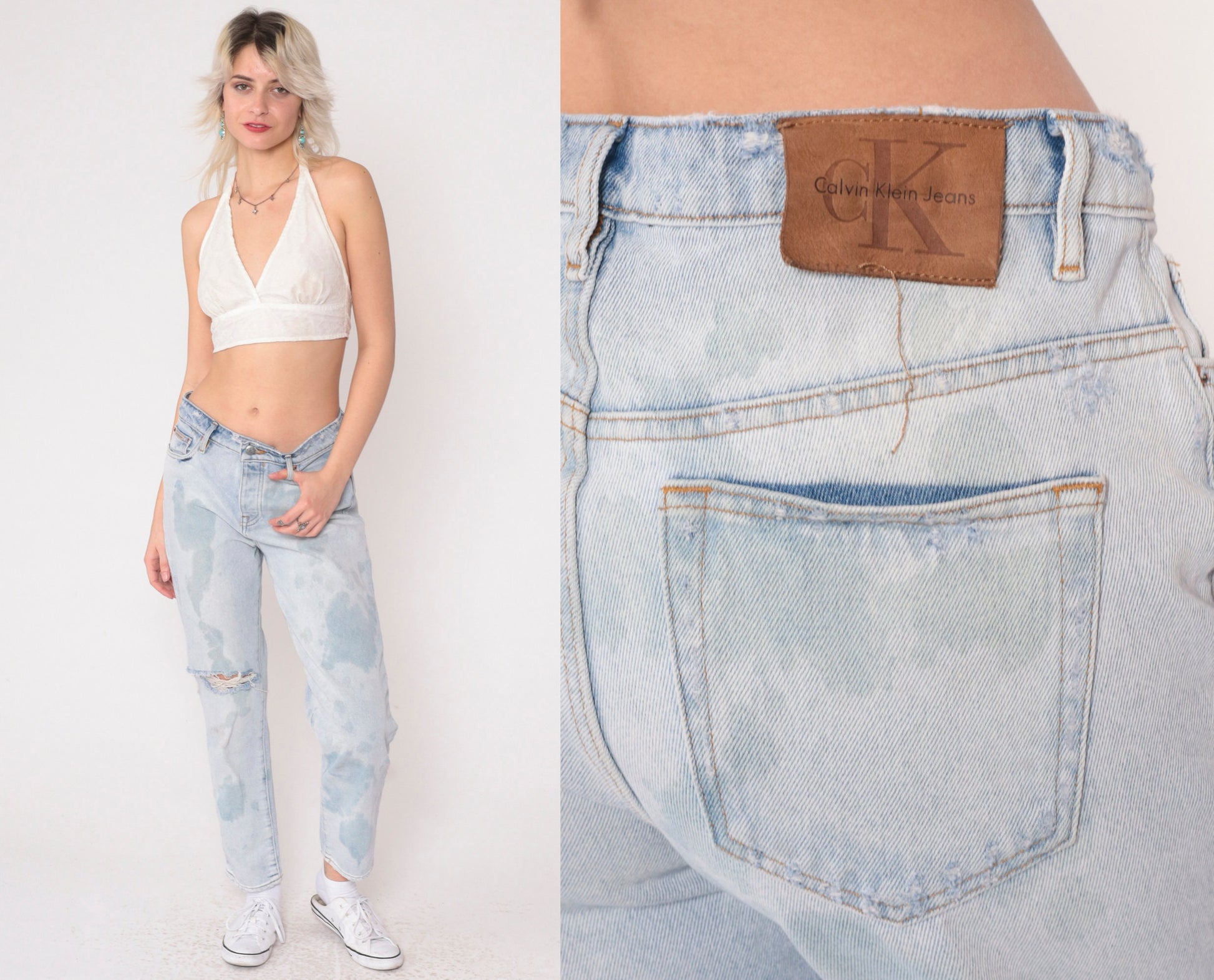 00s Calvin Klein Light Blue Bleach Splattered Ripped Knee Jeans Medium