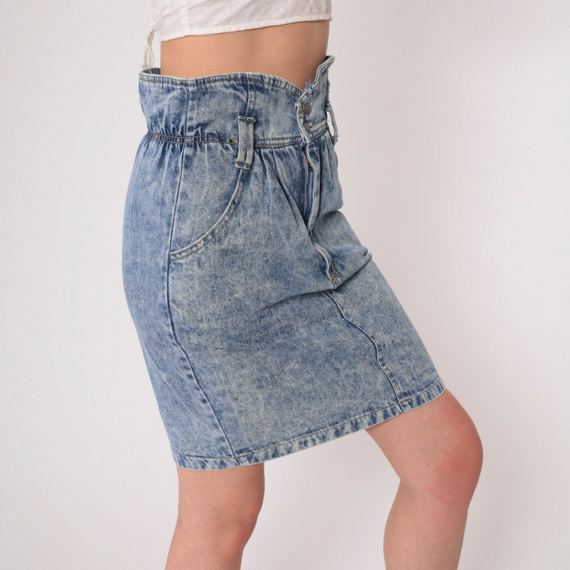 90s Acid Wash Denim Mini Skirt High Shirred Waist Blue Pencil Extra Small