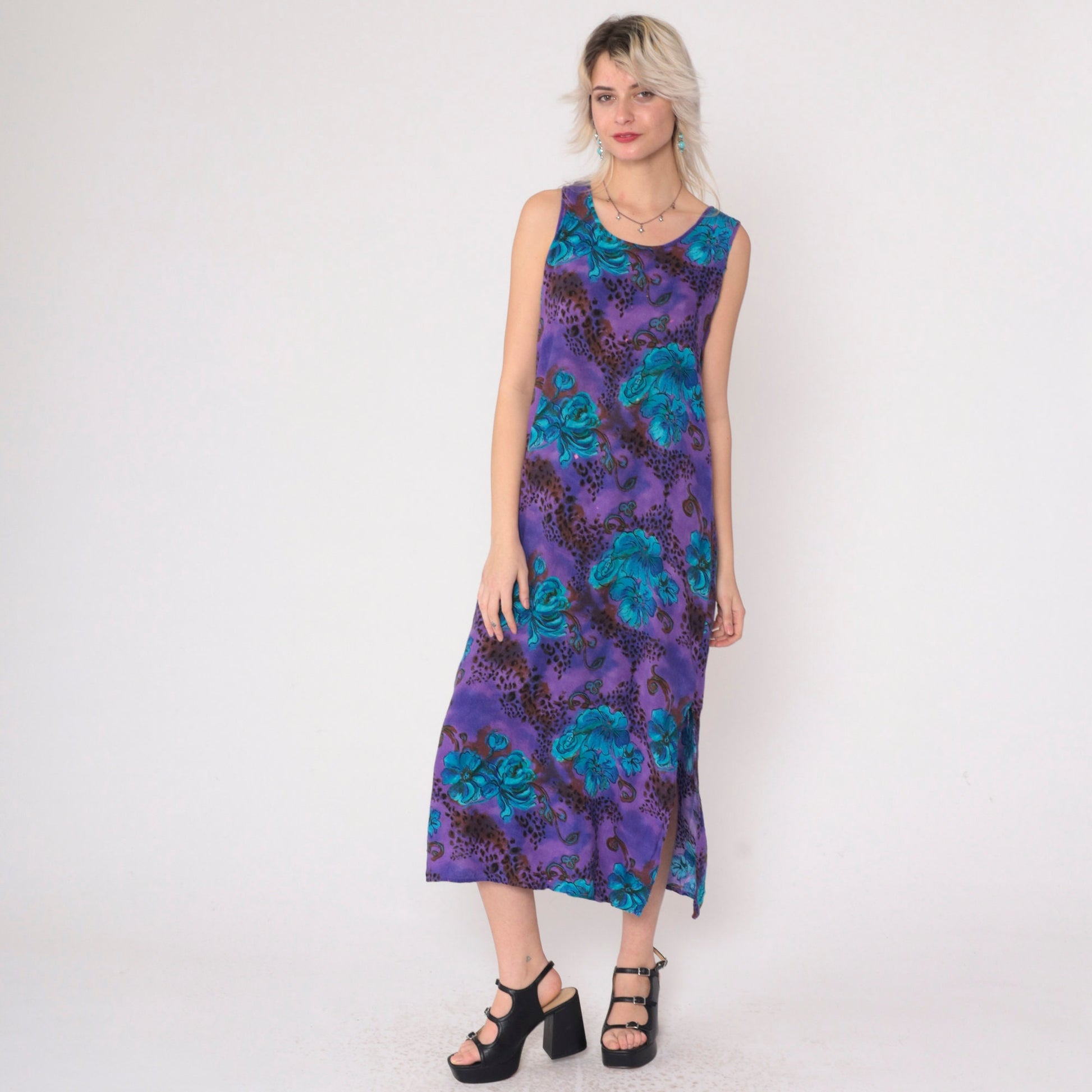 90s Caribou Floral Leopard Print Midi Dress Purple Blue Sleeveless Small