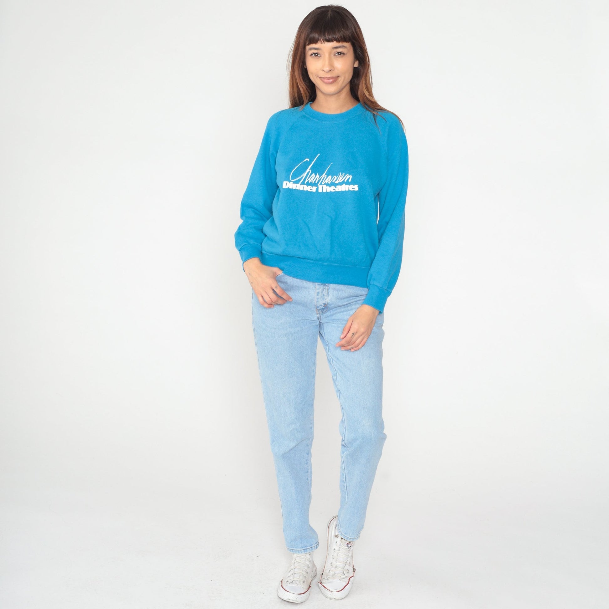 80s Chanhassen Dinner Theatres Minnesota Raglan Sweatshirt Turquoise Graphic Medium