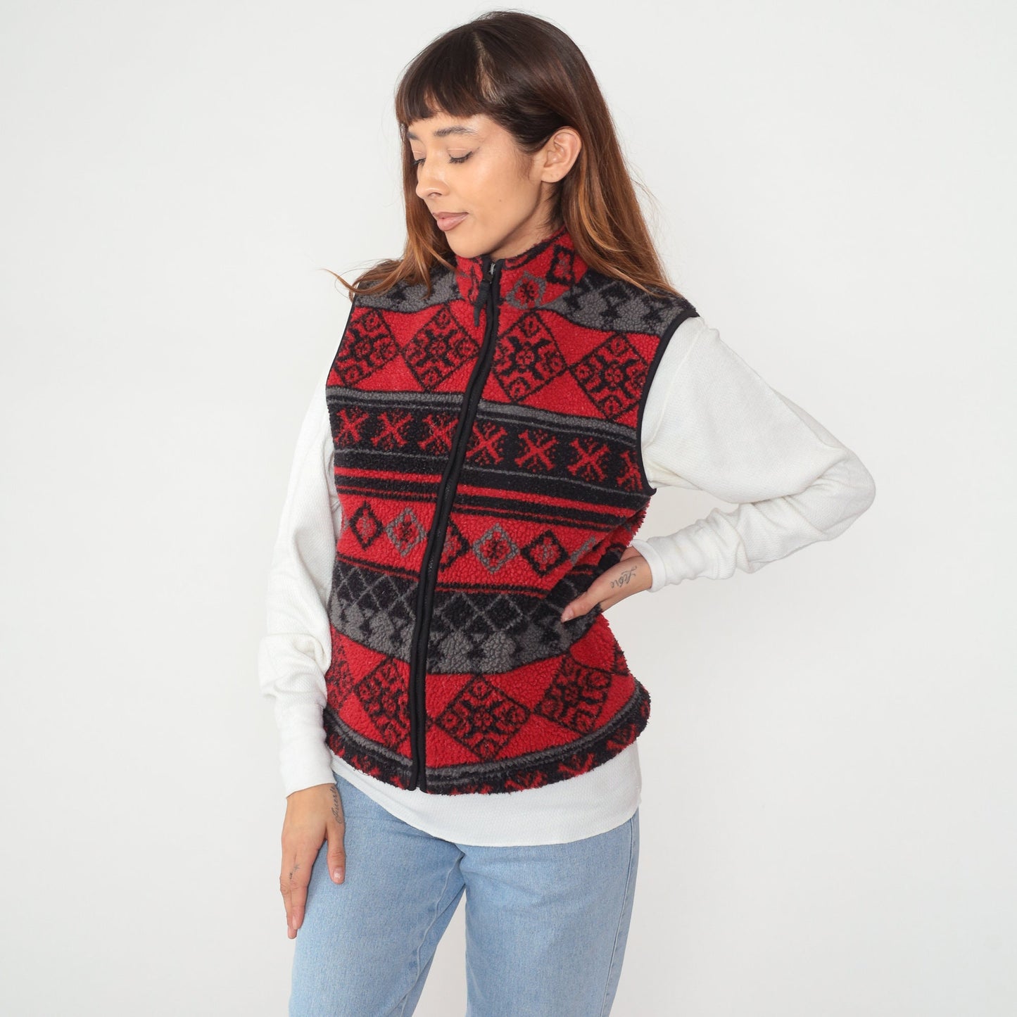 90s Northwest Blue Fleece Vest Red Geometric Striped Zip-Up Medium M