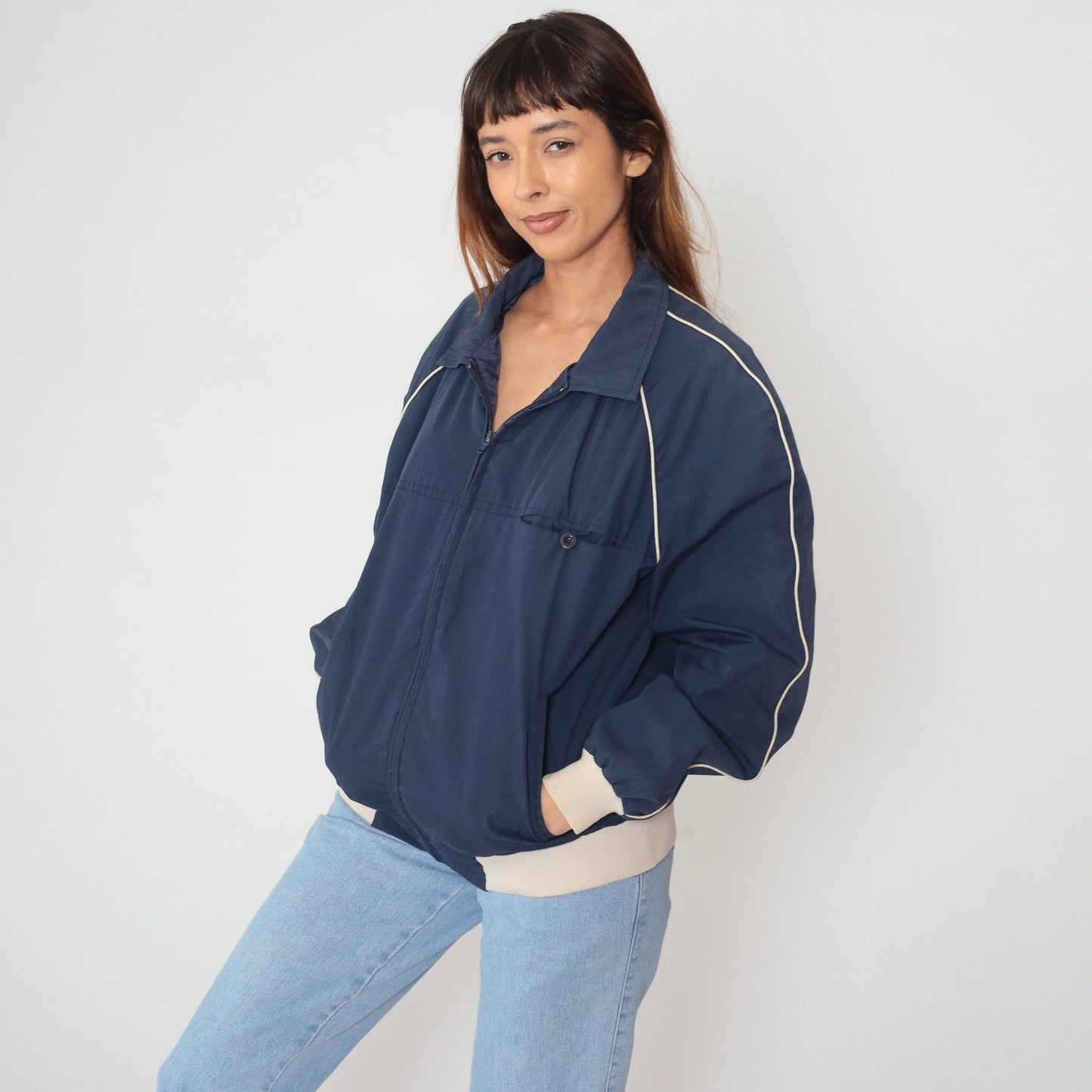 80s Navy Bomber Jacket Beige Trim Raglan Zip Windbreaker Large L