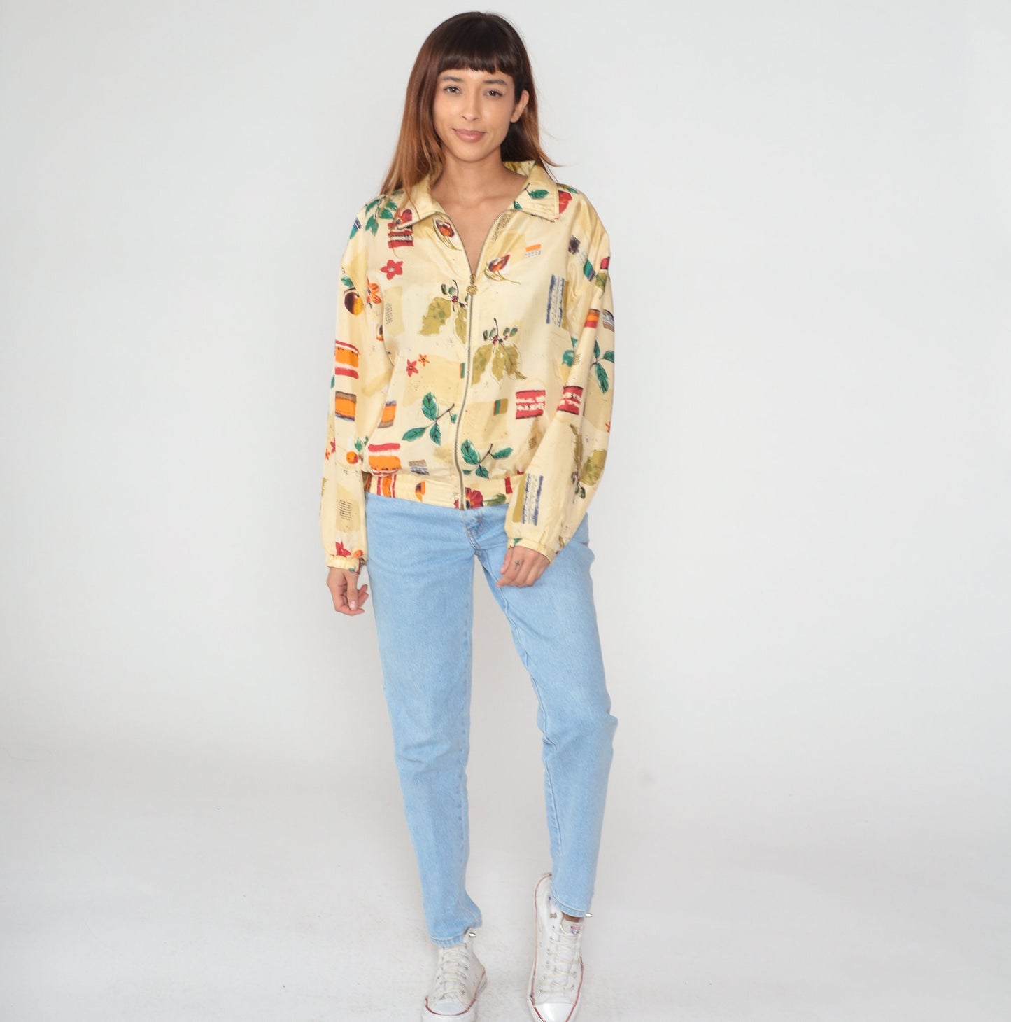 90s Wilson Silk Bomber Jacket Beige Floral Watercolor Print Medium M