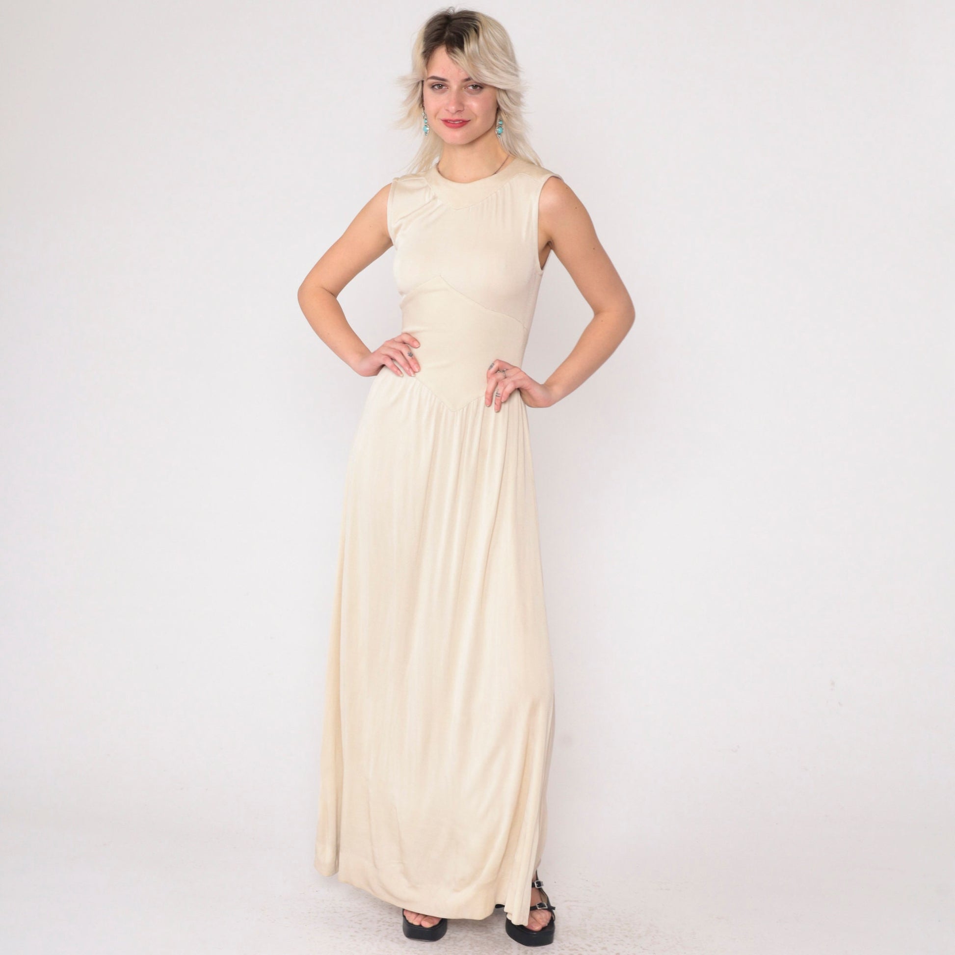 1970s Beige Asymmetrical Chevron Maxi Dress High Neck Sleeveless Small