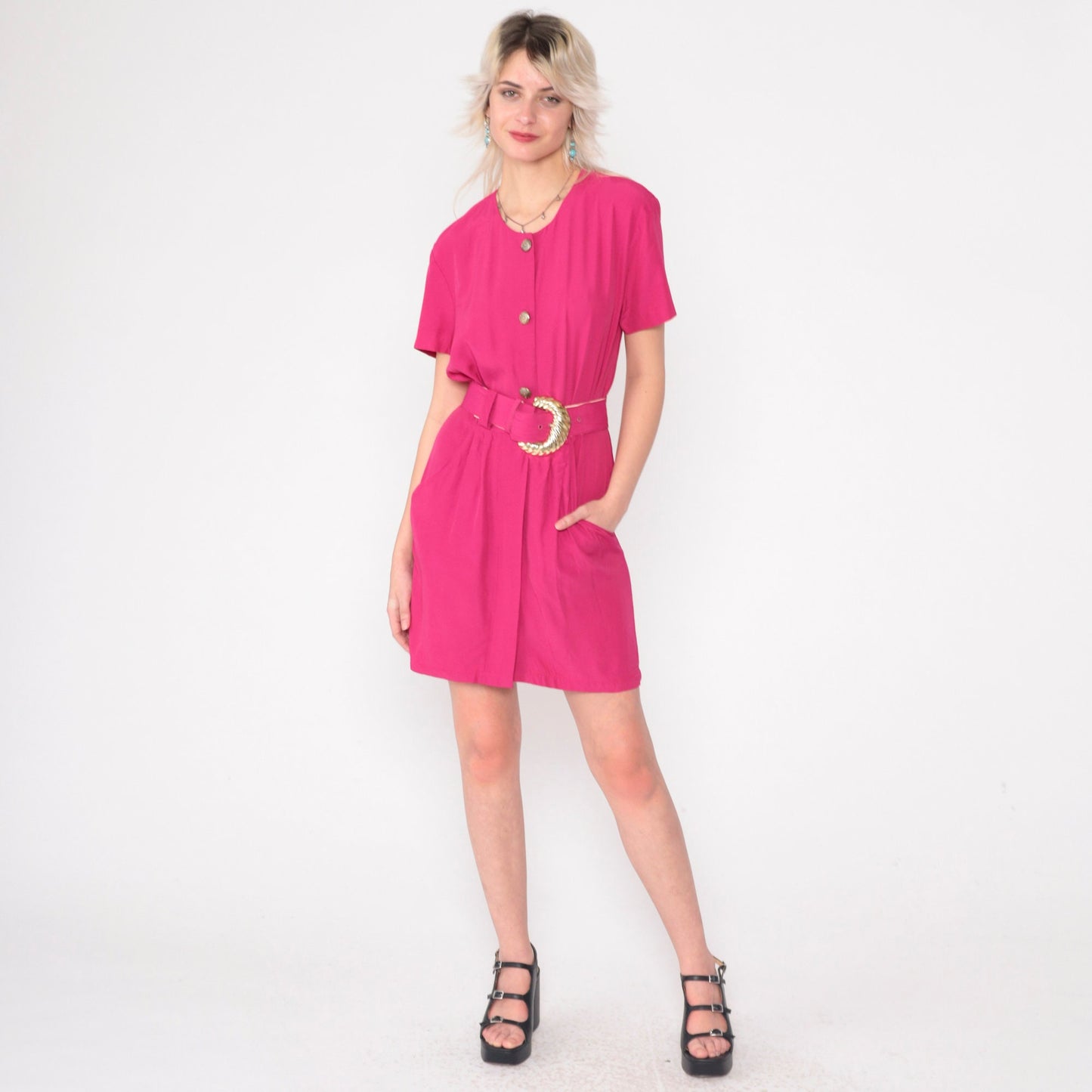 90s Hot Pink Mini Dress Button-Up Sheath Belted Short Sleeve Small