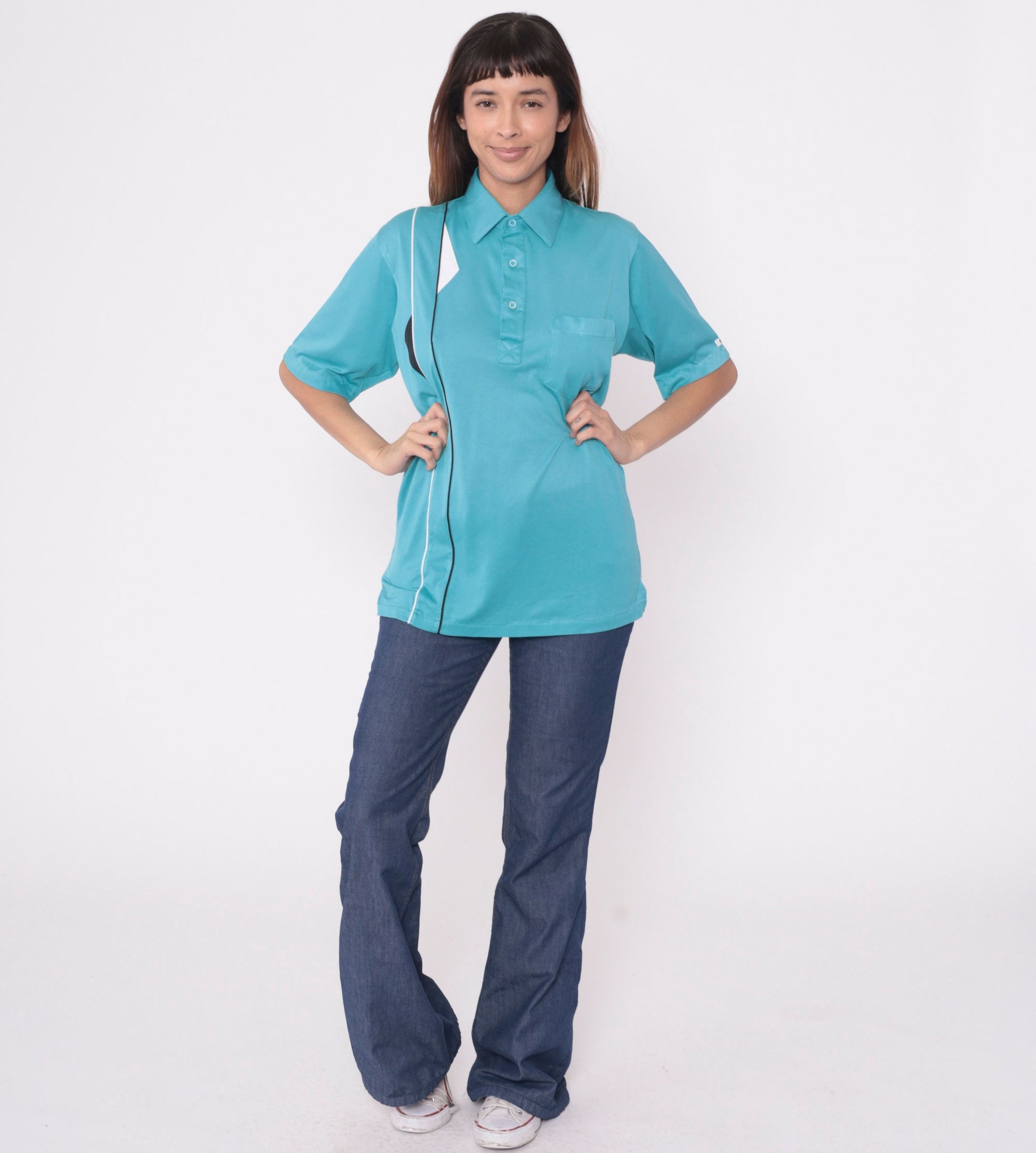 90s Cougar Golf Polo Shirt Blue Geometric Piping Stripes Medium