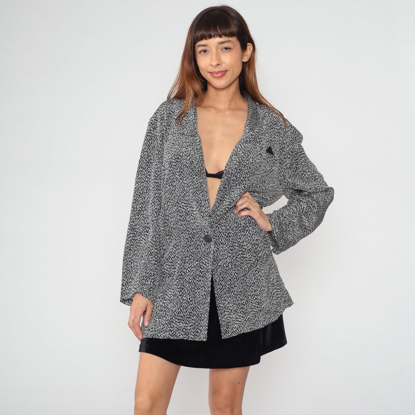 90s Navy Blazer Single Button White Flecked Line Print Jacket Extra Large