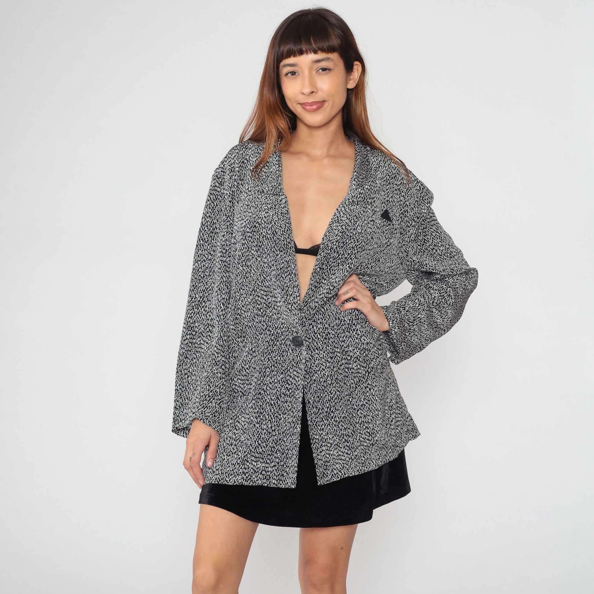 90s Navy Blazer Single Button White Flecked Line Print Jacket Extra Large