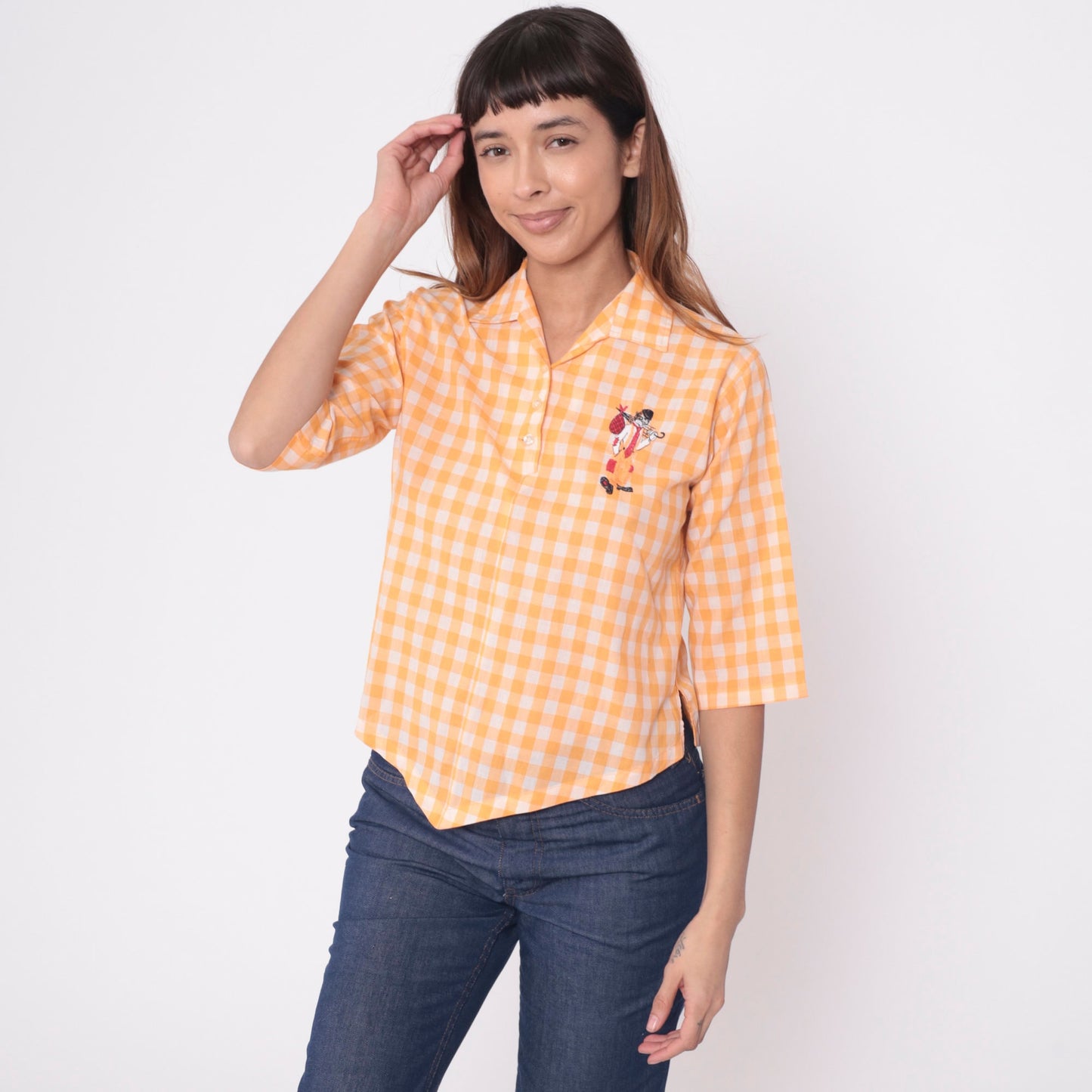 70s Ship n Shore Orange Gingham Blouse Vagabond Clown Embroidered 3/4 Sleeve Extra Small XS