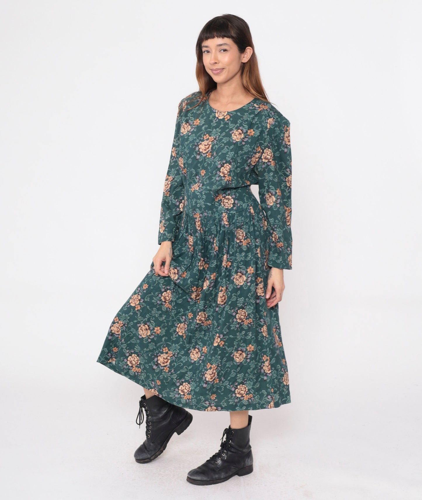 90s Karin Stevens Floral Midi Dress Green Orange Long Sleeve Drop Waist Extra Large