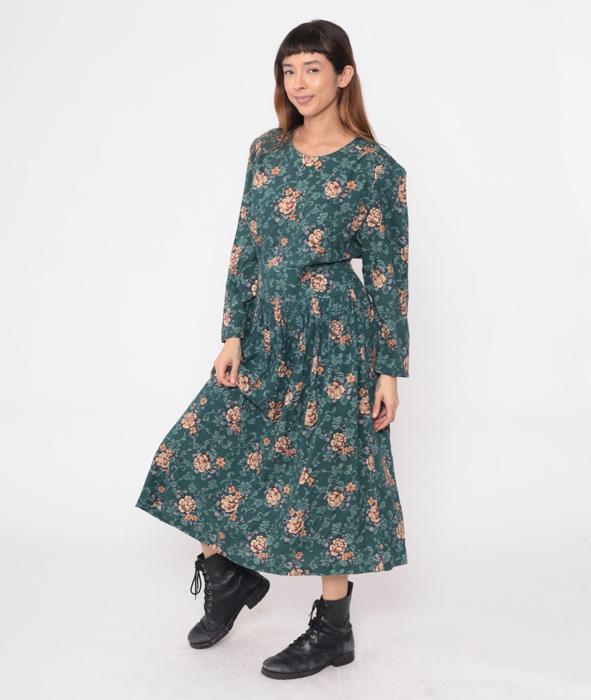90s Karin Stevens Floral Midi Dress Green Orange Long Sleeve Drop Waist Extra Large