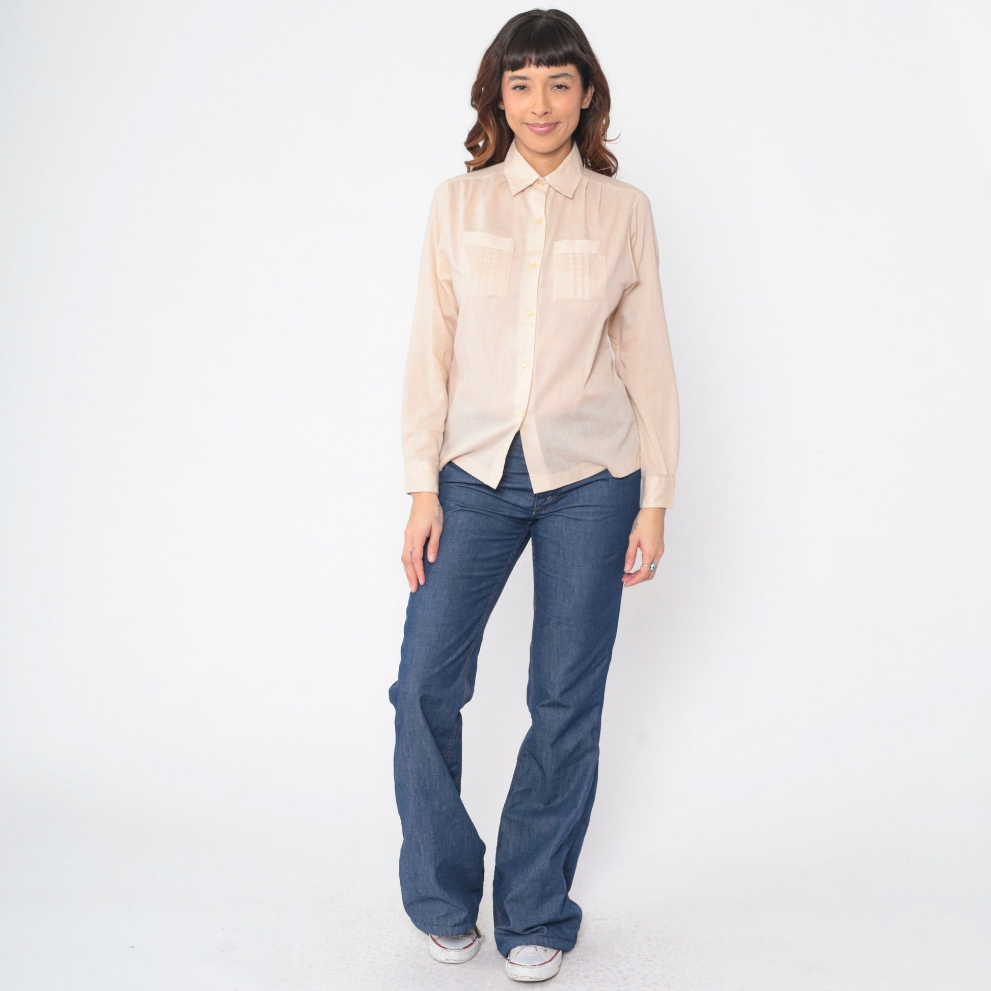 70s 80s College Town Beige Button-Up Shirt Chest Pockets Long Sleeve Small