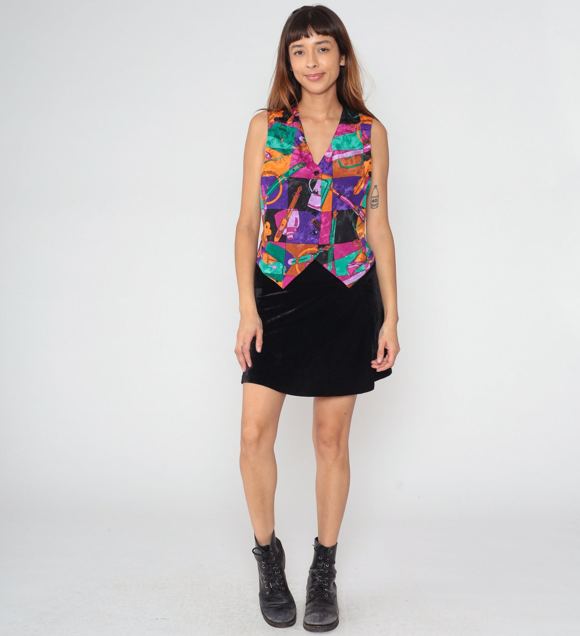 90s Writer Vest Pen Ink Key Print Button Up Sleeveless Top Medium