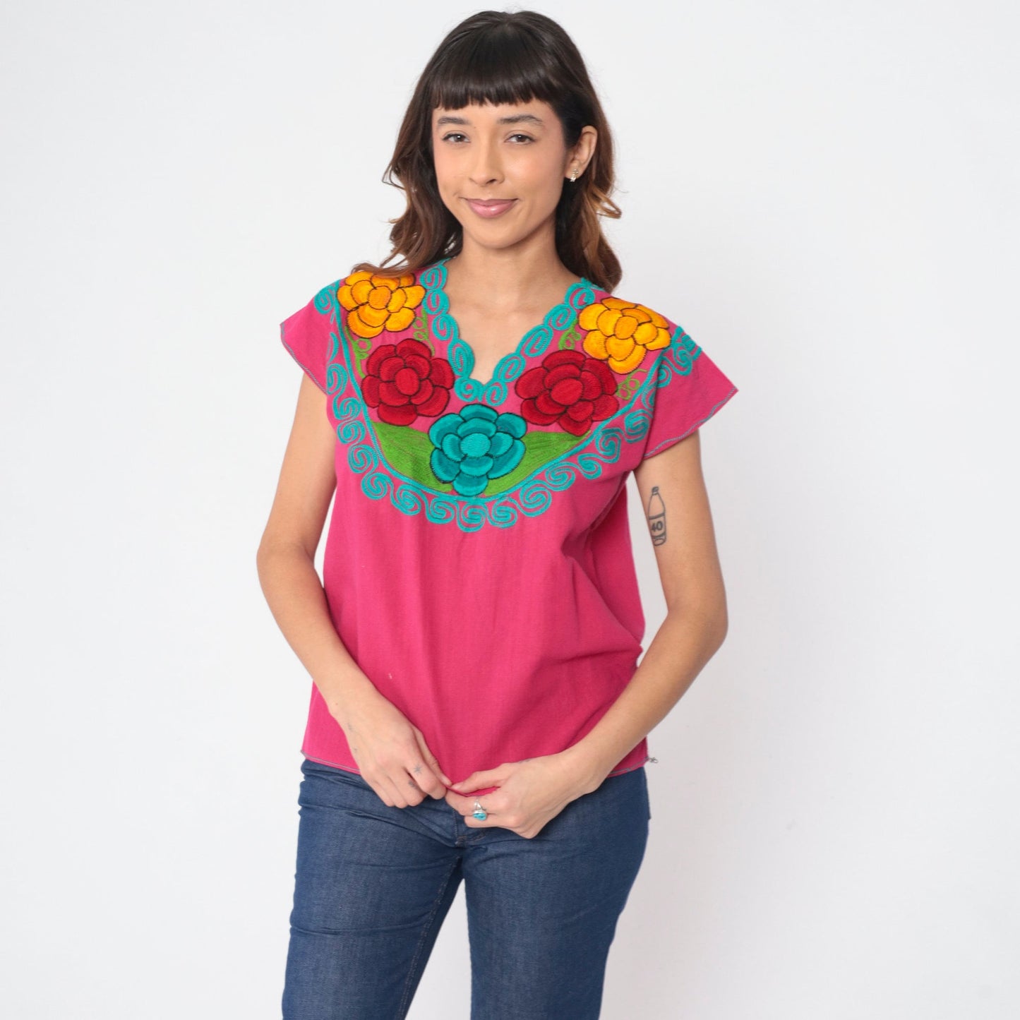 90s Mexican Embroidered Blouse Hot Pink Floral Cotton Peasant Small