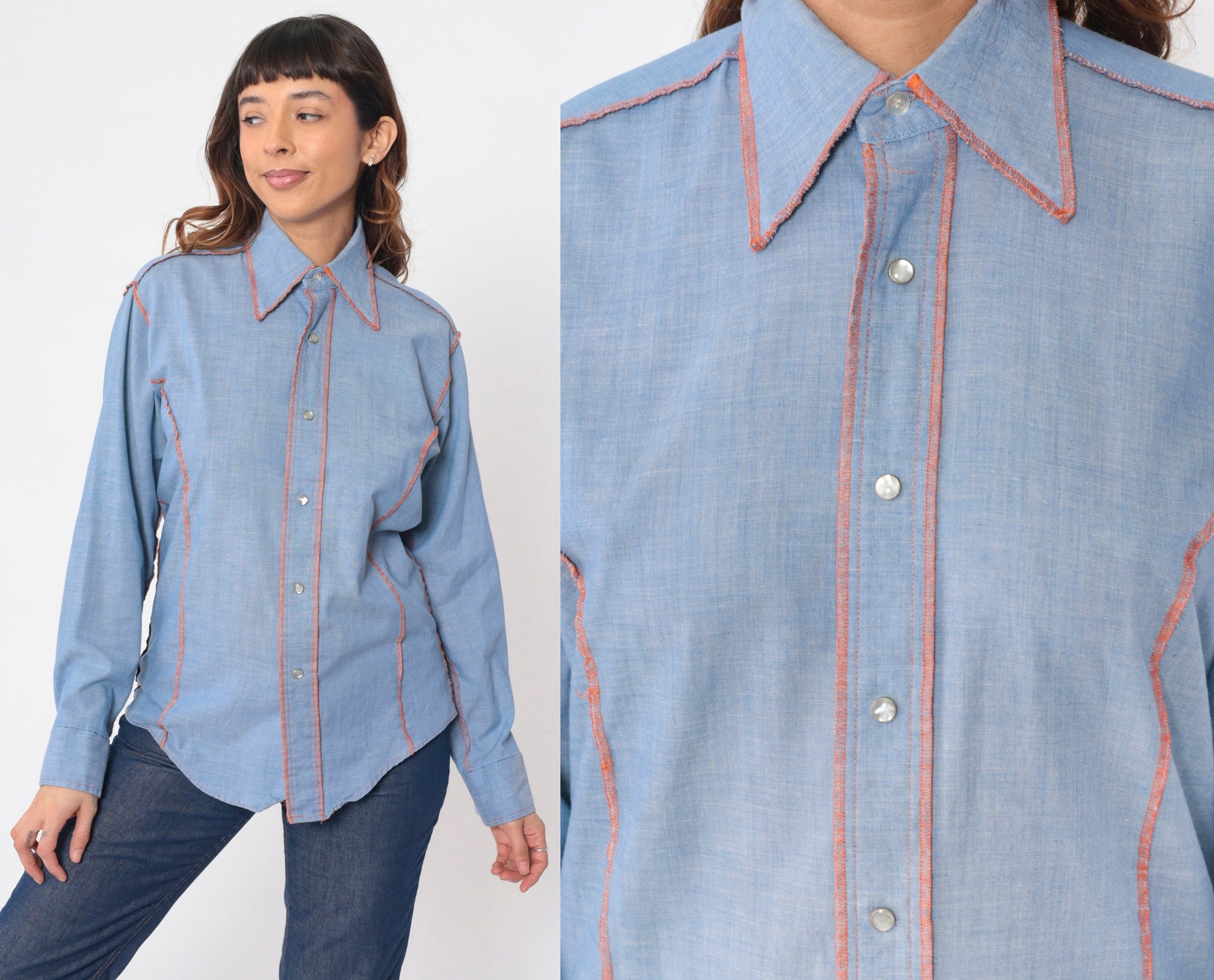 70s Andy New York Chambray Shirt Pearl Snap Western Dagger Collar Medium