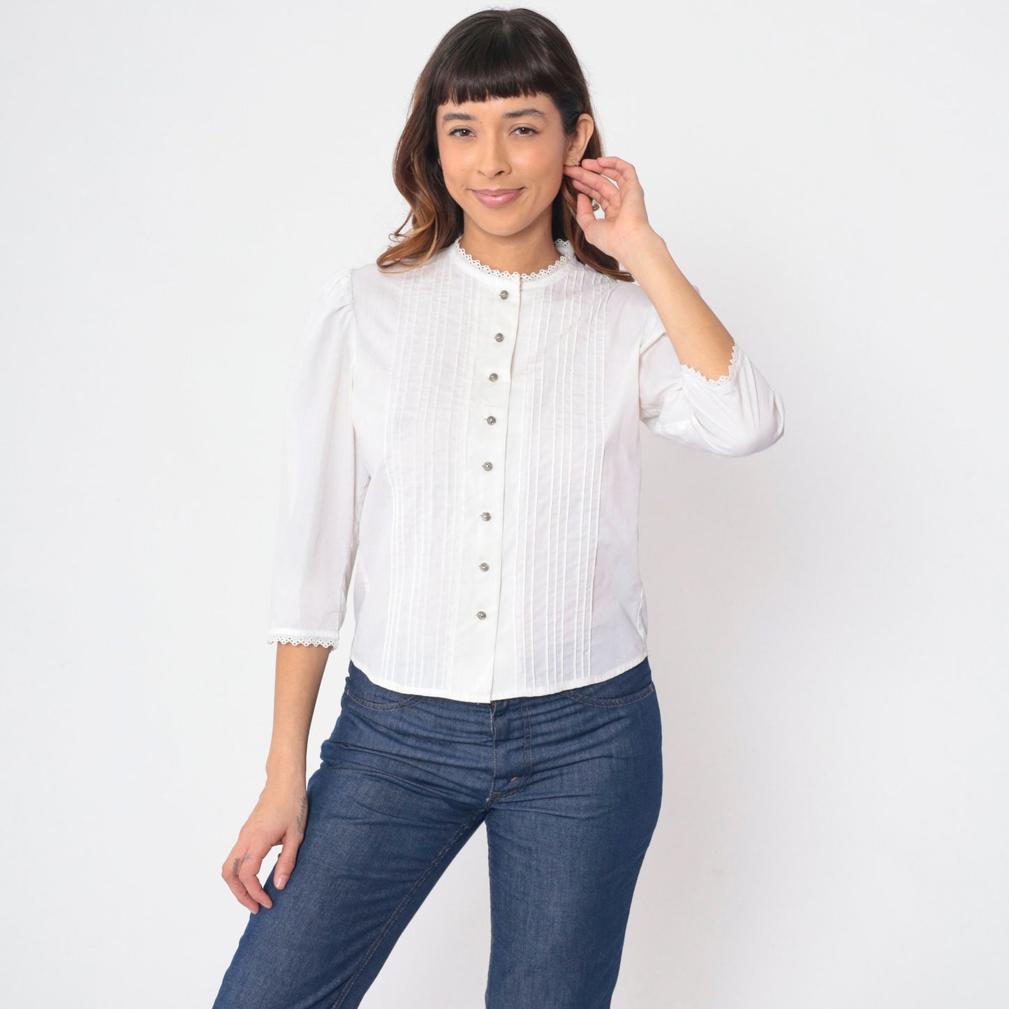 70s Lanz Originals White Prairie Blouse Puff Sleeve Pintuck Button Up Small