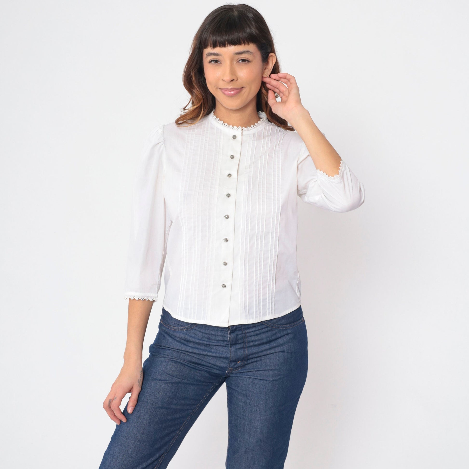 70s Lanz Originals White Prairie Blouse Puff Sleeve Pintuck Button Up Small