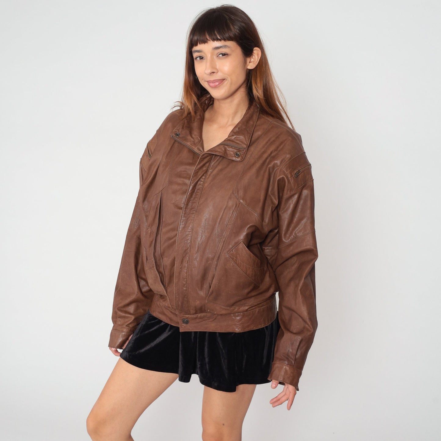 90s Brown Leather Bomber Jacket Zip Biker Moto Cafe Racer Large L