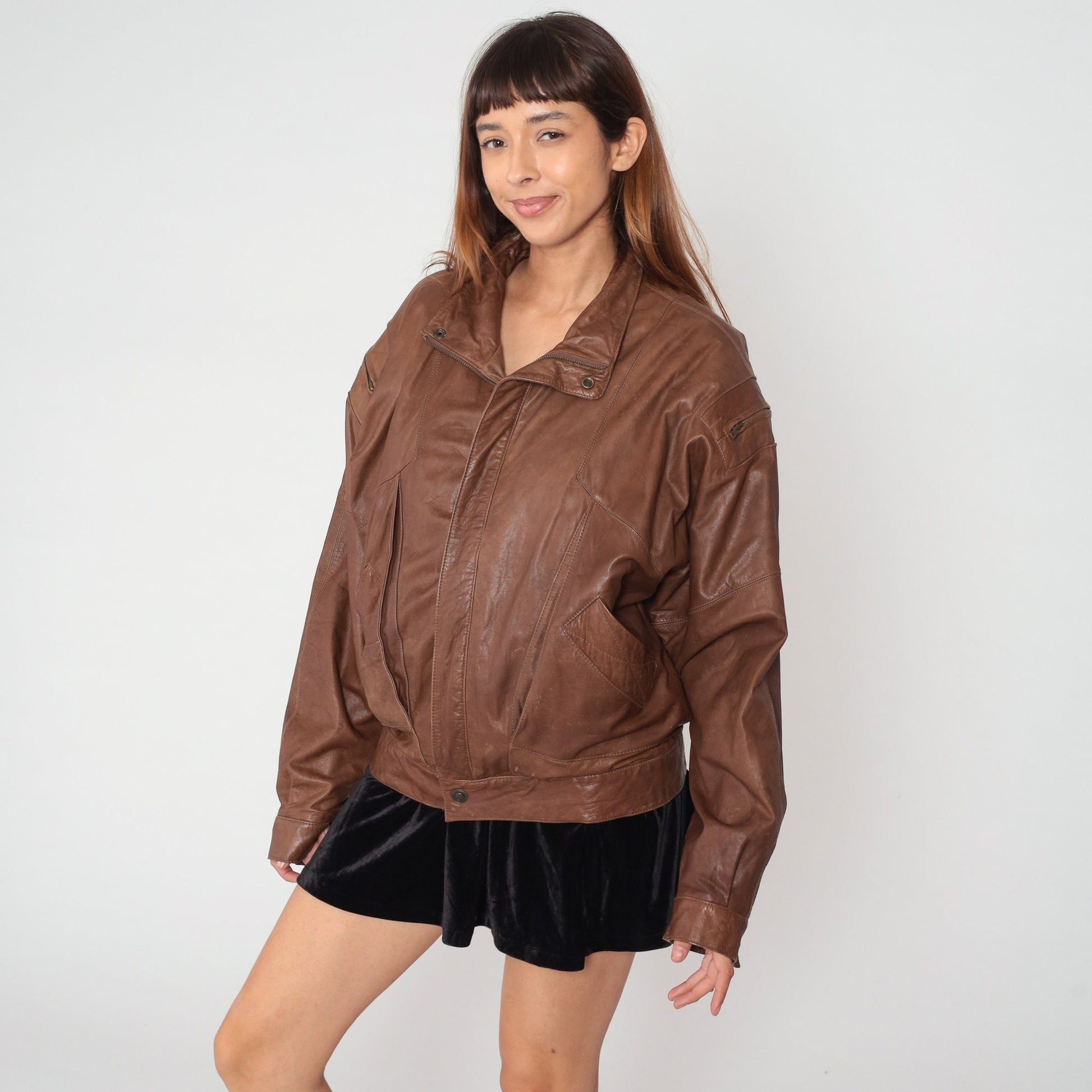 90s Brown Leather Bomber Jacket Zip Biker Moto Cafe Racer Large L