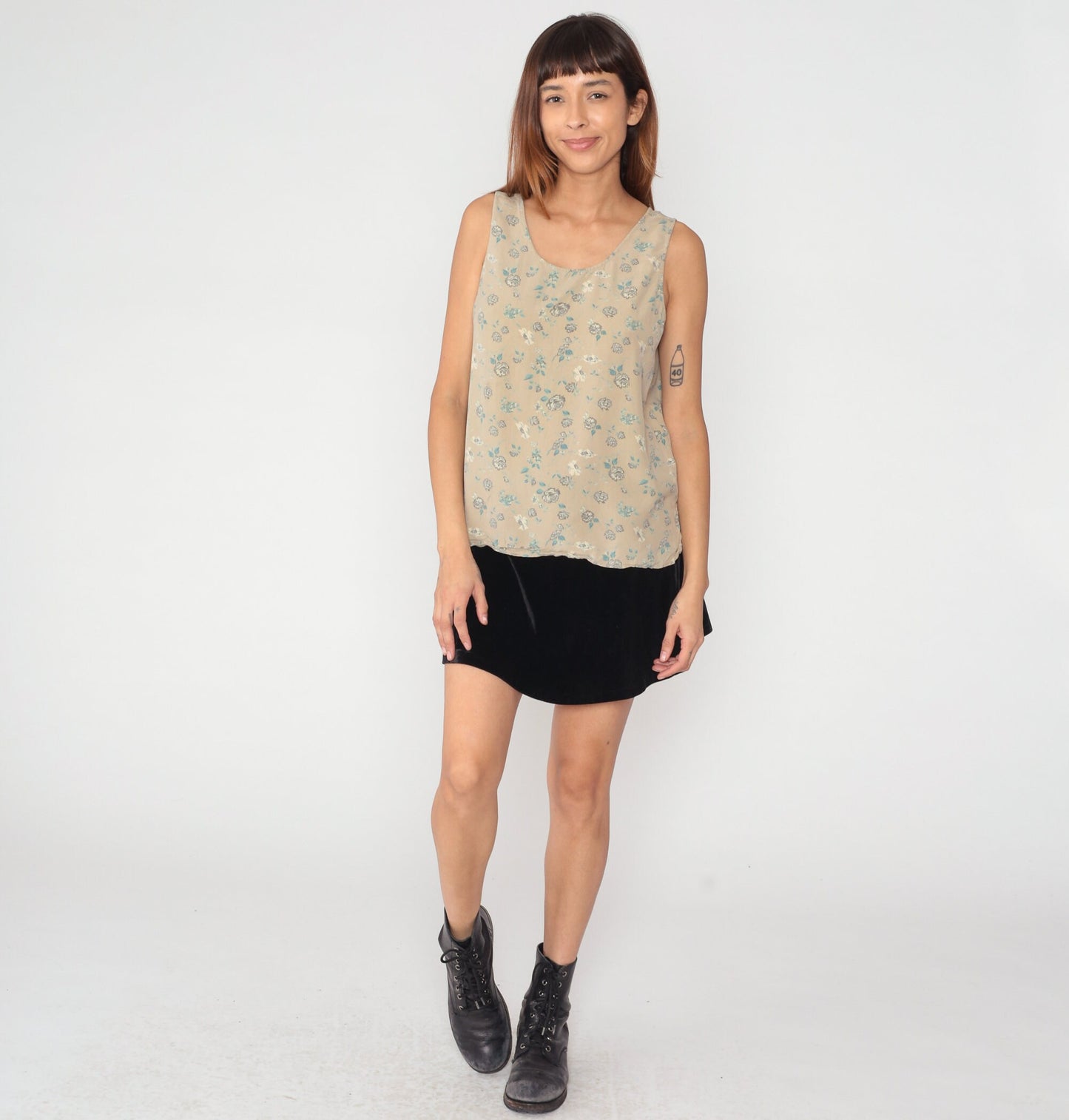 90s Silk Floral Tank Top Tan Rose Print Sleeveless Blouse Large L