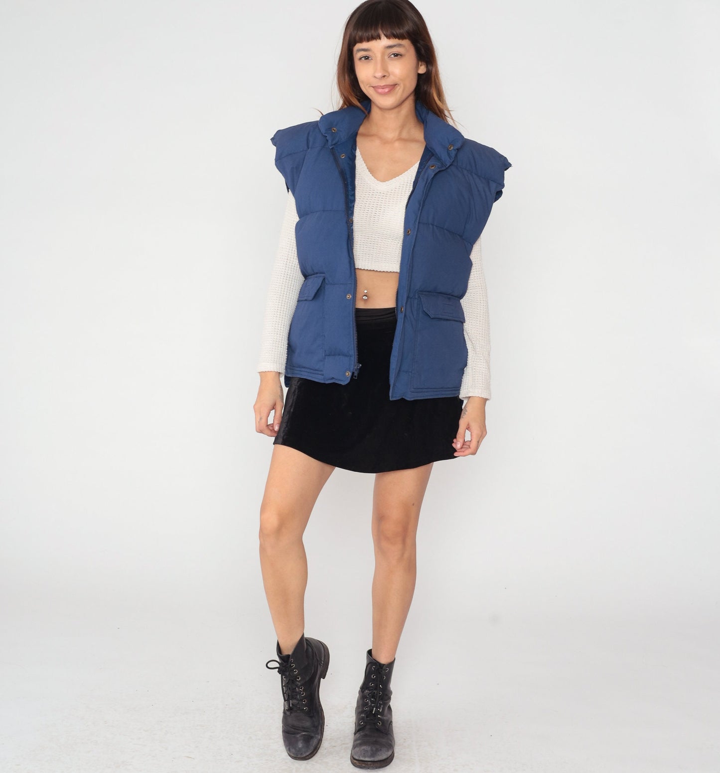 90s Navy Blue Down Puffer Vest Sleeveless Zip Snap Jacket Large L