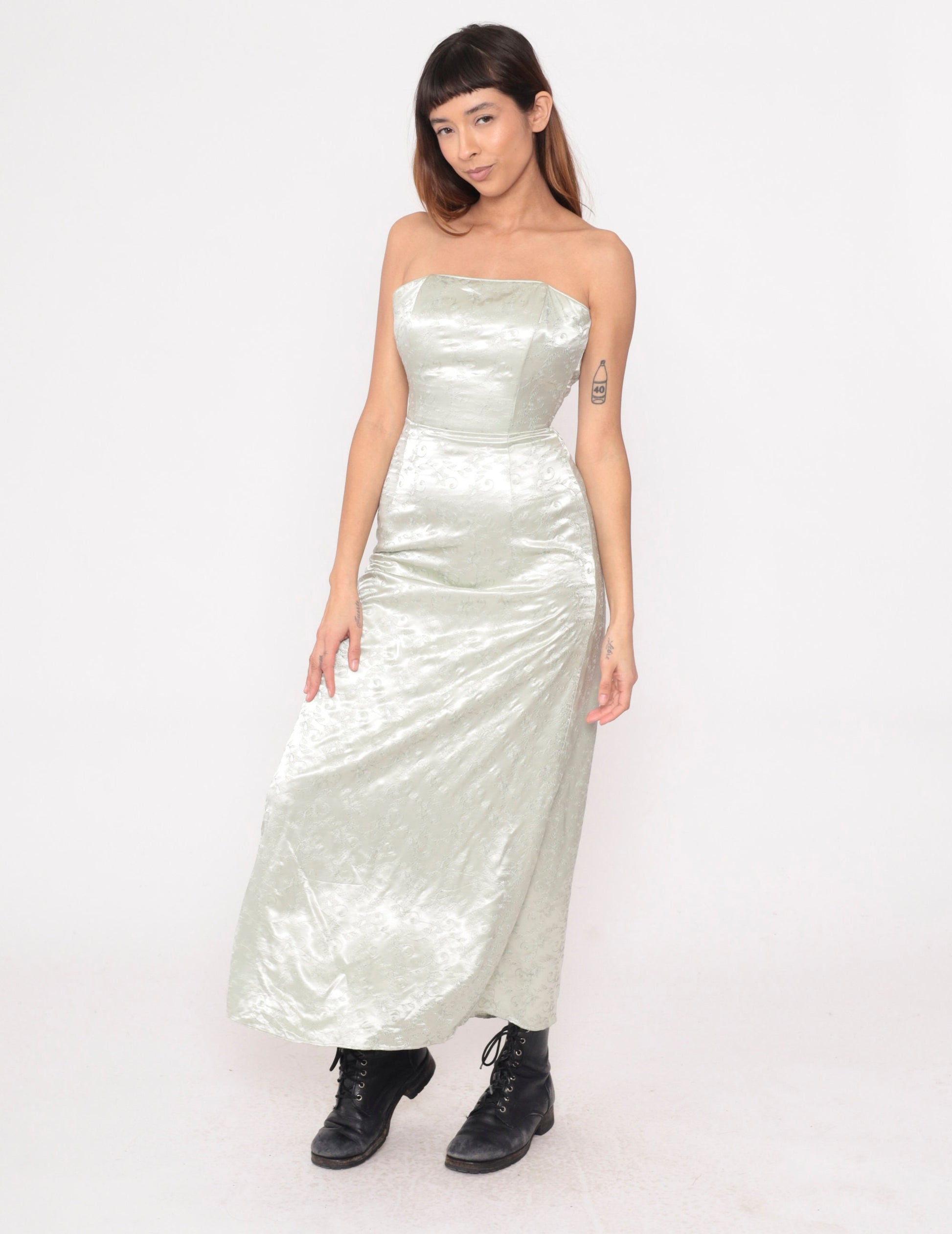 Y2K Jessica McClintock Silver Floral Embroidered Strapless Maxi Dress Extra Small