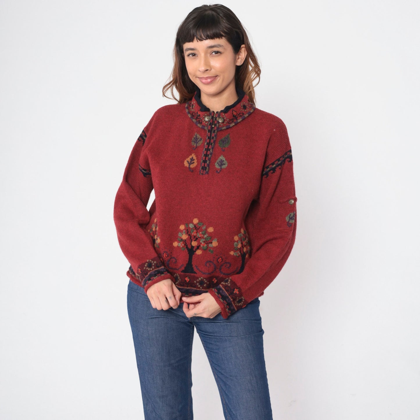Y2K Icelandic Wool Sweater Quarter Zip Tree Print Red Medium
