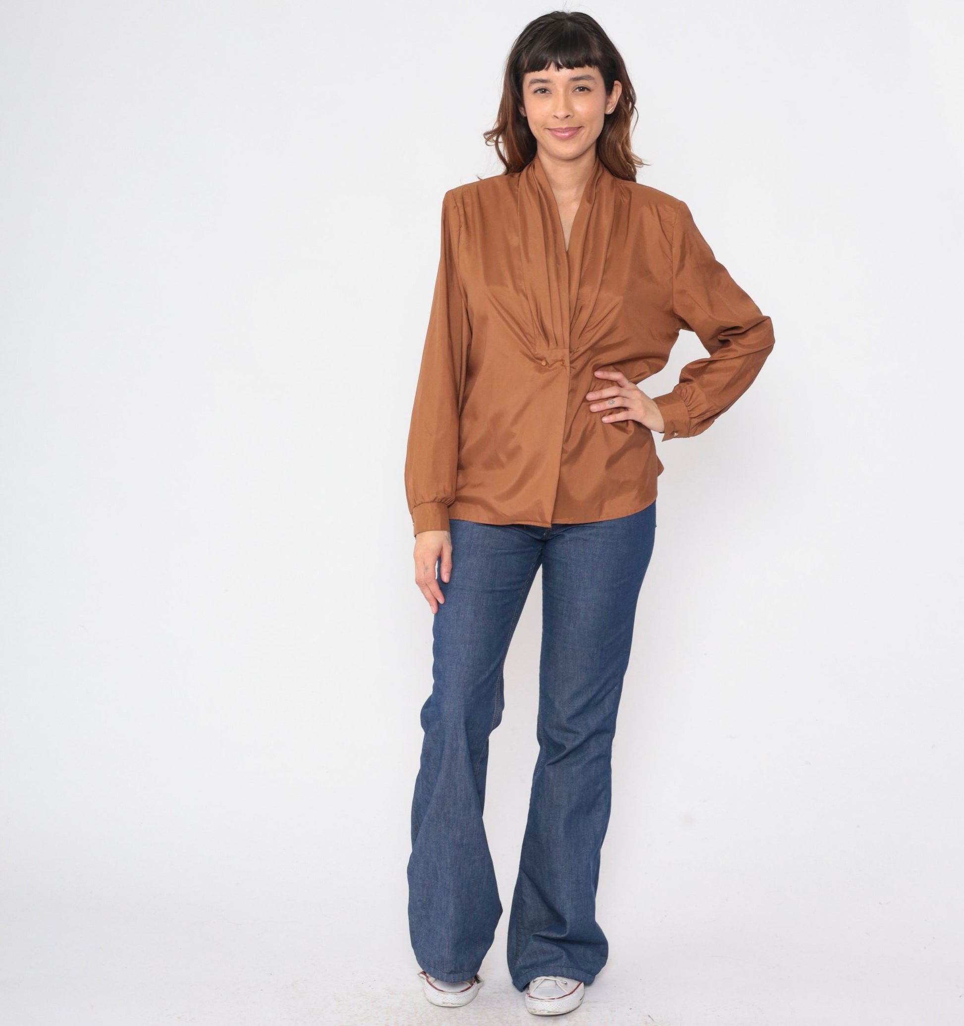 80s Brown Puff Sleeve Blouse Double Breasted Button Up Pleated Shirt Large